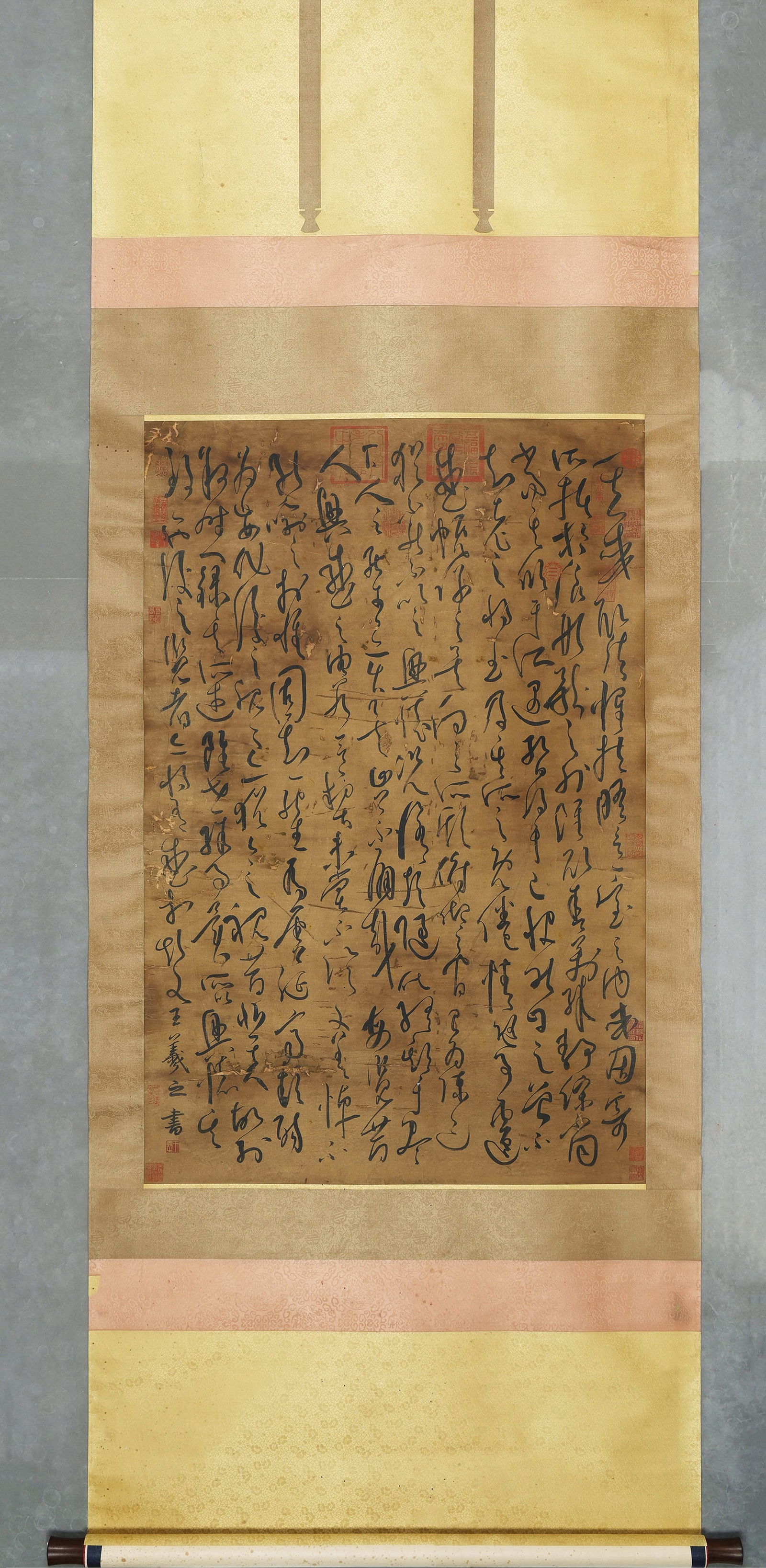 Jin Dynasty, Wang Xizhi, Silk Scroll: Calligraphy (Hanging Scroll): Painting Size 104x69cm (41x27in)This cursive calligraphy features bold, unrestrained strokes, embodying the "Sage of Calligraphy" Wang Xizhi’s unruly cursive style, with rich ink layers showcasing t