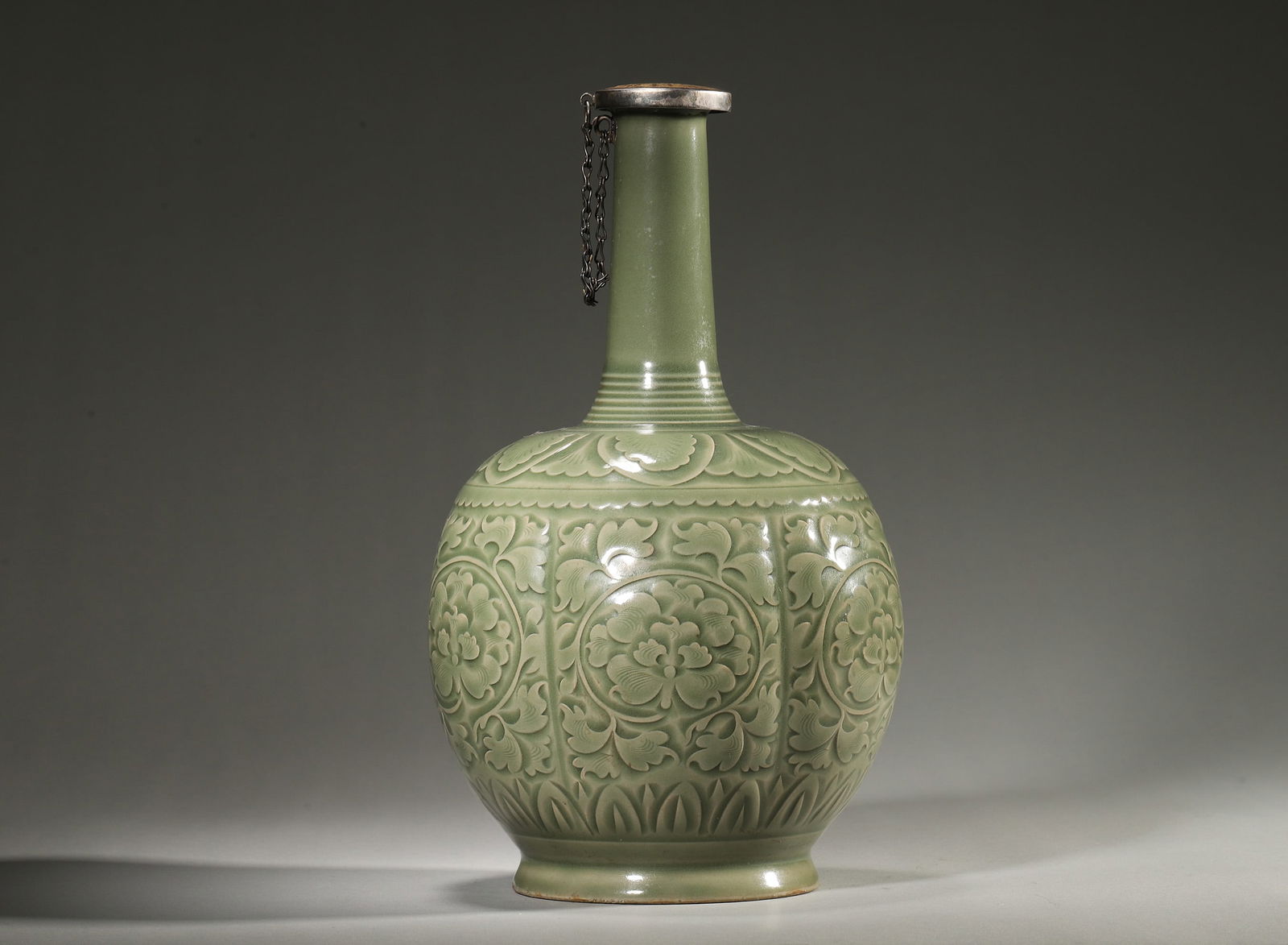 A Yaozhou-Kiln Celadon Vase with Carved Peony Scrolls (Silver-Mounted Rim), Northern Song Dynasty (1 of 5)
