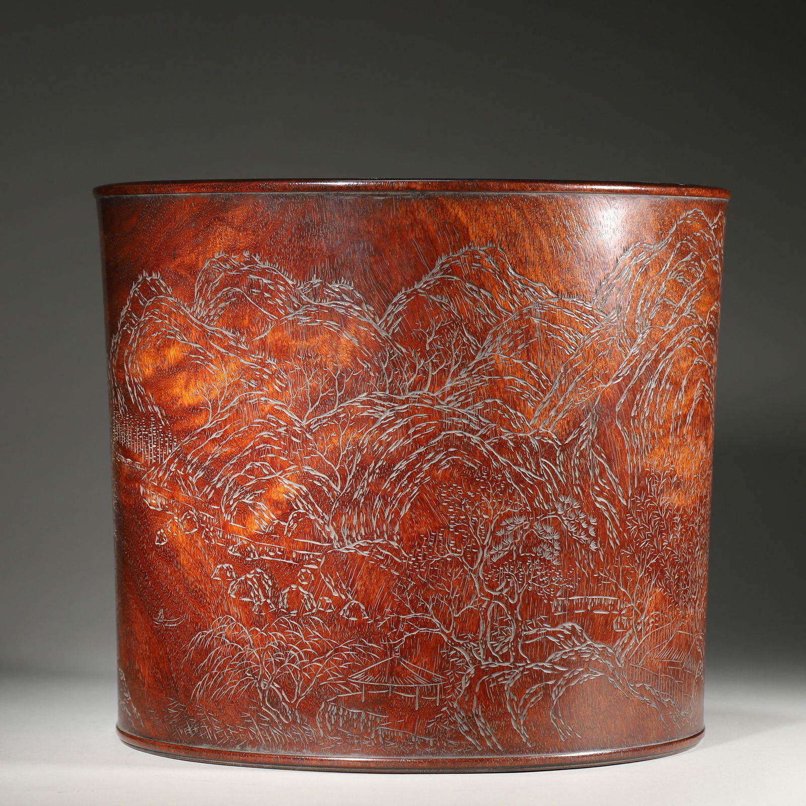 Qing Dynasty Huanghuali Brush Pot with Carved Landscape Pattern: Diameter 30cm Height 26cm Weight 3541g,Diameter 12" Height 10" Weight 7.81lbsThis Brush Pot is Made of a Single Piece of Huanghuali; Grain is Magnificent & Smooth; Body Carved with Light-Line