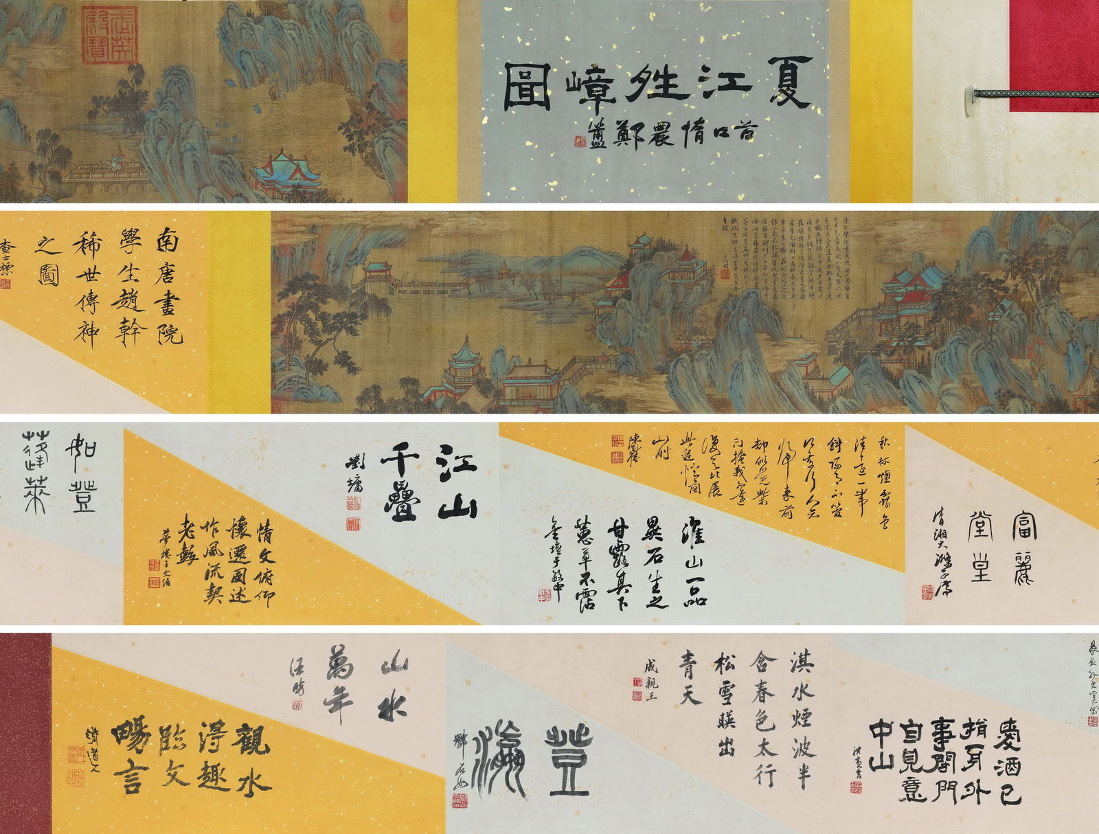 Five Dynasties Period, Zhao Gan, Silk Scroll: Sunny Cliffs on a Summer River (Hand Scroll): Painting Size 210x35cm (83x14in) Total Length 8m (26ft)This Jiangnan School-style painting (summer tower, layered peaks) uses clear coloring and agile atmosphere, representing the quintessential