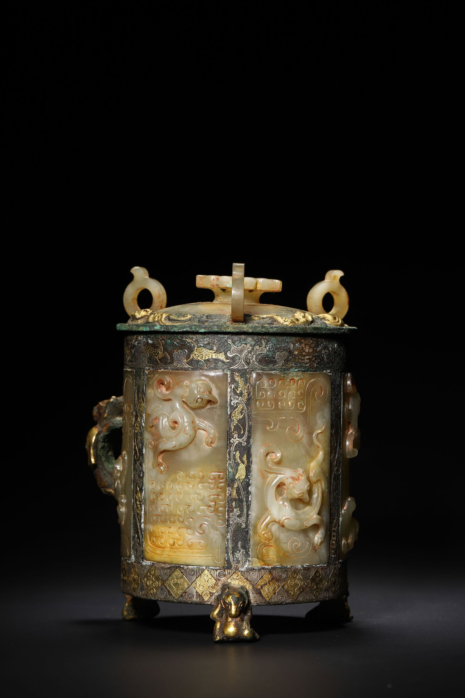 Han Dynasty Gold-and-Silver-Inlaid Jade Cylindrical Vessel (1 of 9)