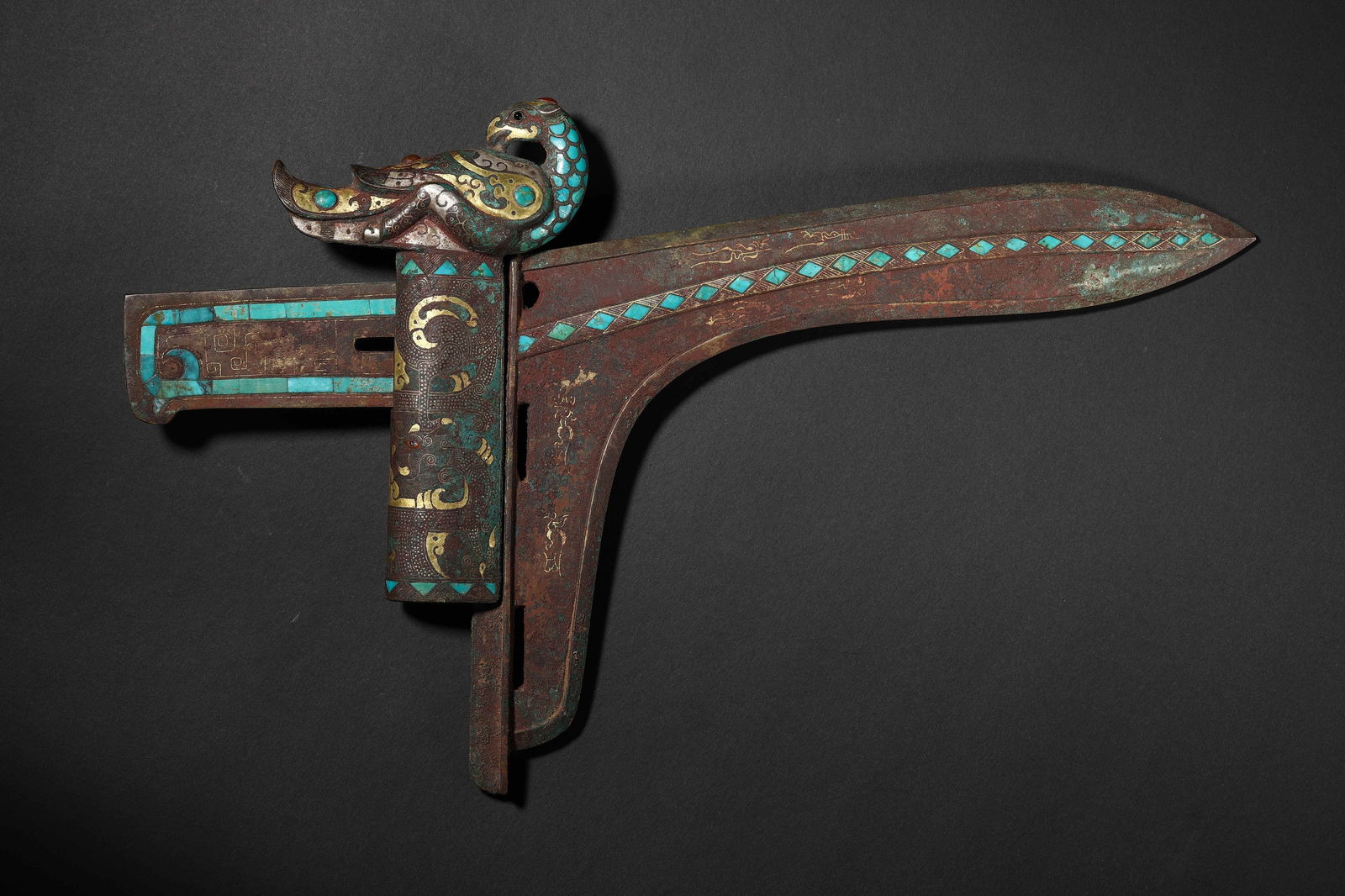 Warring States Period Gold-Inlaid Turquoise Bronze Dagger-Axe (1 of 8)