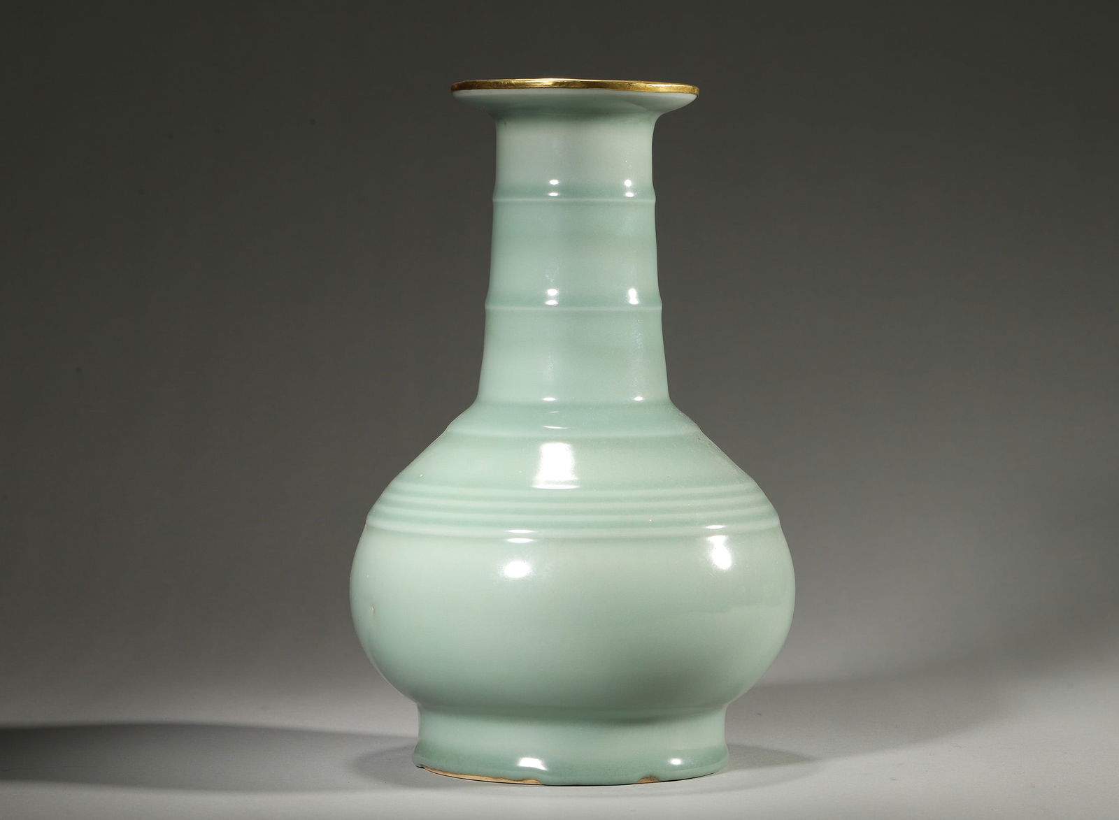 Southern Song Longquan Kiln Powder Celadon Glazed Ribbed Vase (Silver-Gilt Mounted Rim) (1 of 5)