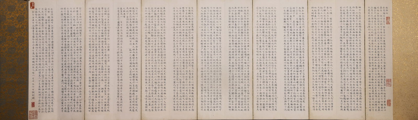 Ming Dynasty: Wen Zhengming, Handscroll of Regular Script (Small Style): Li Sao: Paper Mount, Painting Core 40x90cm ( 15.75x35.43in )This lot is a fine late-career small-regular-script handscroll Li Sao by Wen Zhengming, a "Four Master of the Wu School" of the Ming Dynasty, writte