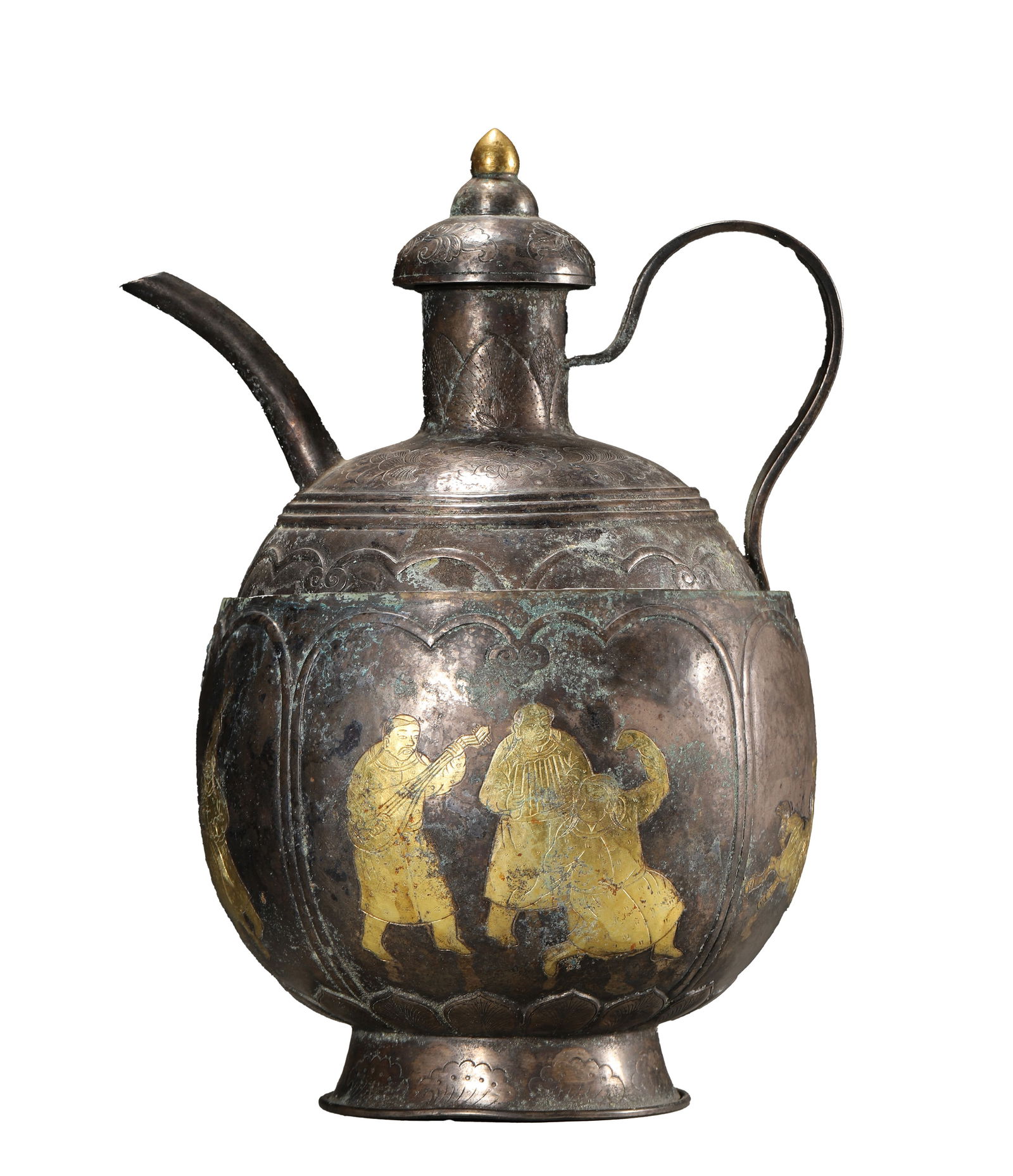 Tang Dynasty, Silver-Gilt Wine Warmer Set with Figure Narrative Pattern: Length 16.0cm (6.3in), Height 20.0cm (7.87in), Weight 922.0g (2.03lb)Silver body with gilding, composed of a ewer and a warming cup: the lotus petal openwork on the ewer is decorated with scenes of mu