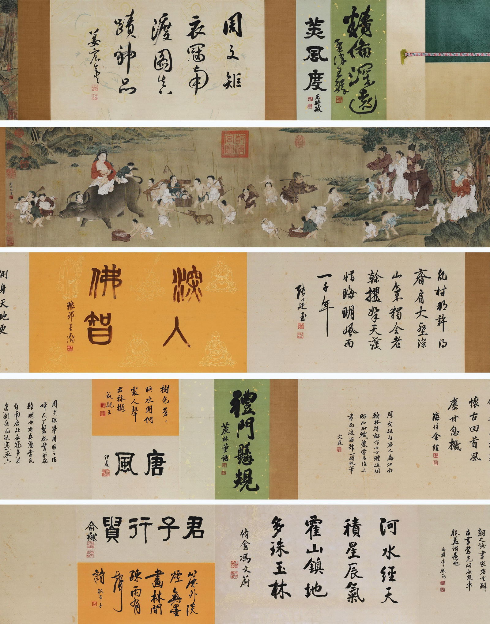 Five Dynasties Period, Zhou Wenju, Silk Scroll: Scholars Migrating South (Hand Scroll): Painting Size 154x38cm (61x15in) Total Length about 8m (26ft)This fine-brush-color "ferry scene" has vivid characters and exquisite brushwork—an iconic work of Five Dynasties genre painting. Accompa