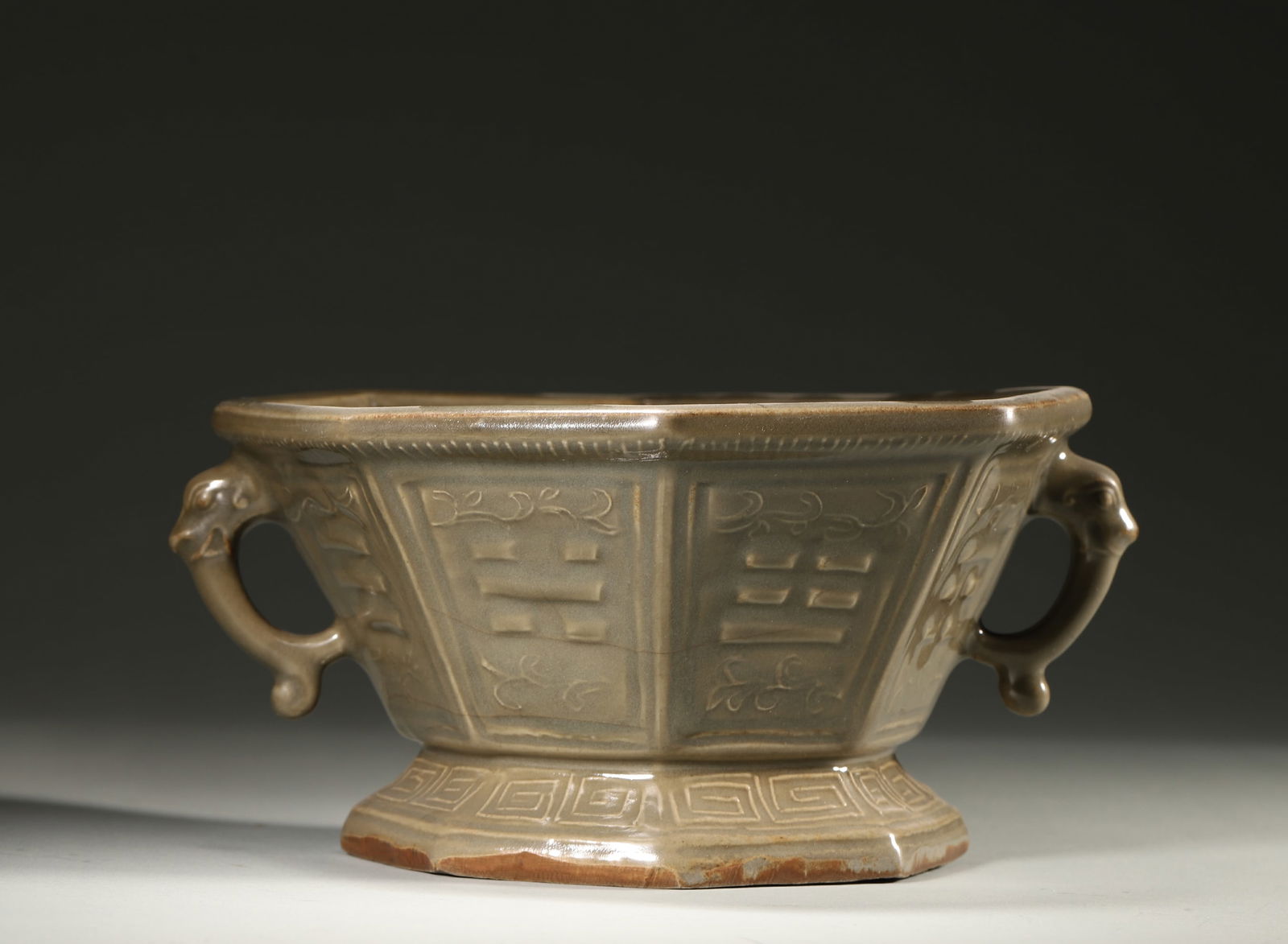 Qing Dynasty Longquan Kiln Octagonal Washer with Bagua Motifs and Elephant Handles (1 of 5)