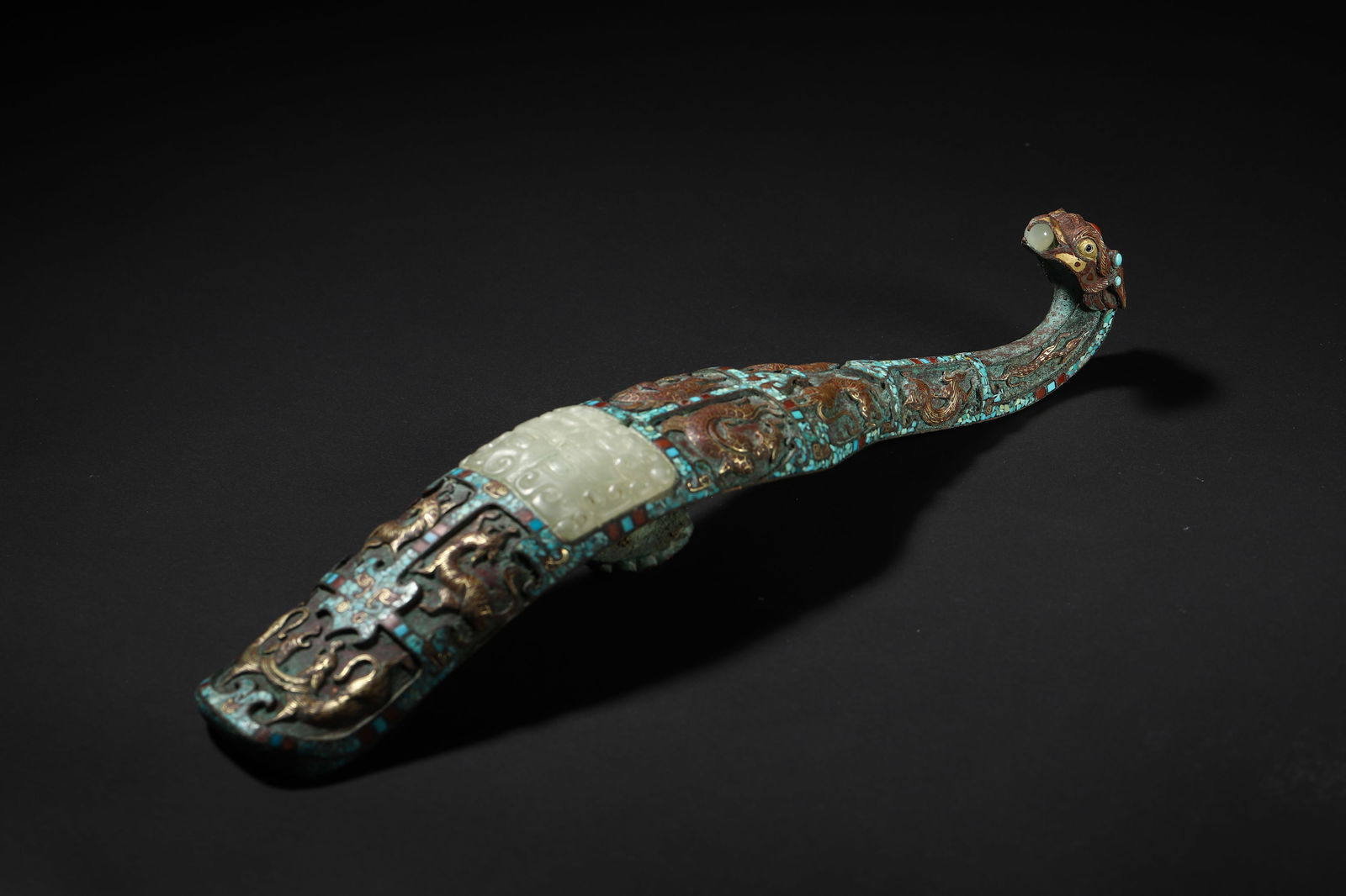 Warring States Period Gold-and-Silver-Inlaid Jade & Turquoise Belt Hook (1 of 8)
