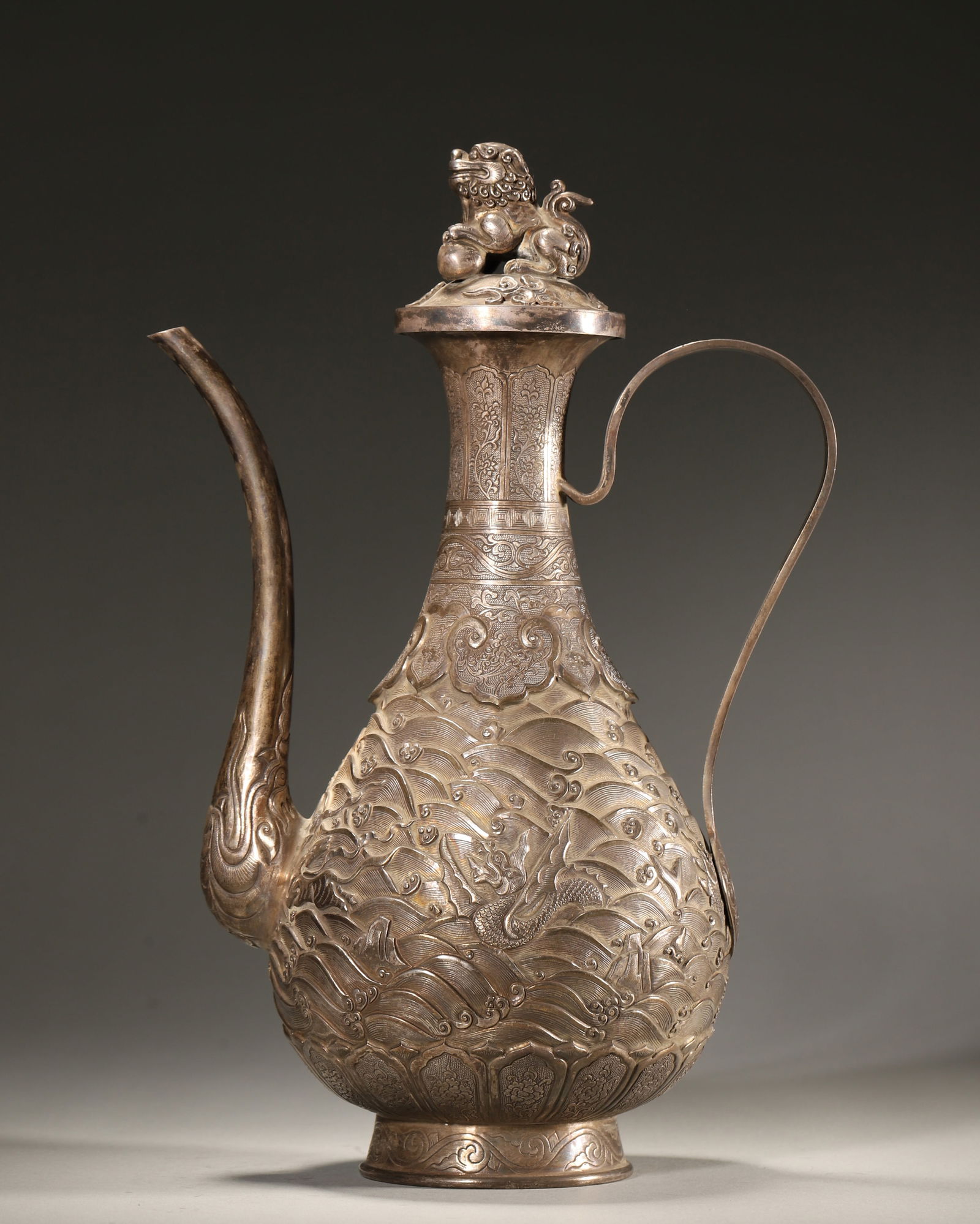Qing Dynasty, Silver Ewer with Sea Wave and Auspicious Beast Pattern (1 of 8)