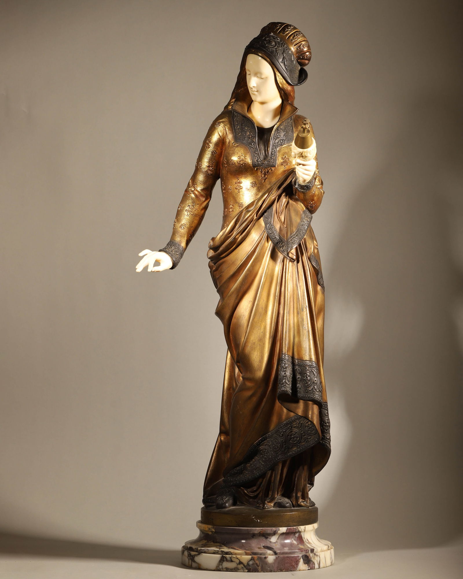 Albert-Ernest Carrier-Belleuse La Fileuse (girl with a spindle) signed: A. Carrier-Belleuse: Diameter: 24cm (9.45in)Height: 73cm (28.74in)Generally good