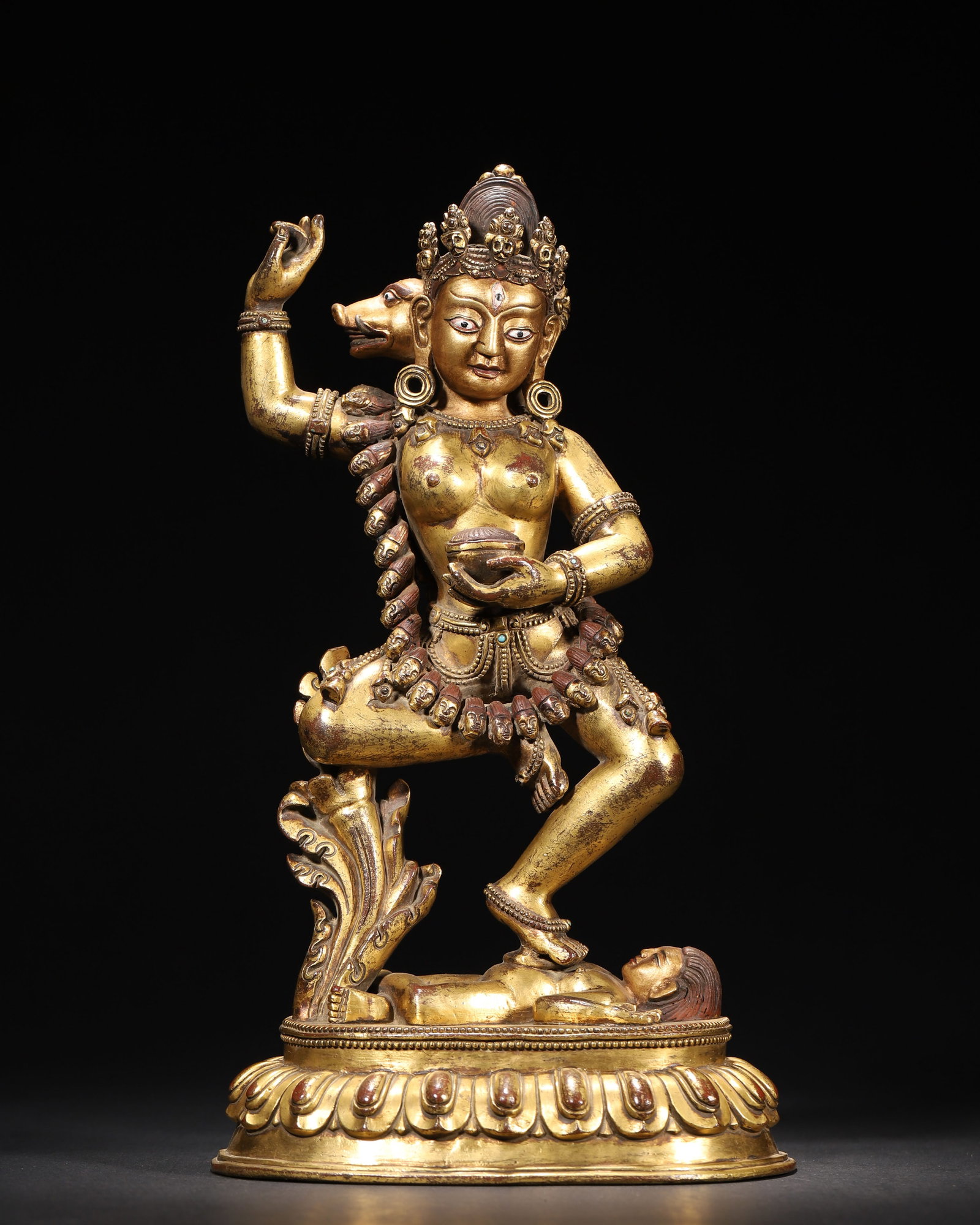 Gilt-Bronze Figure of Vajrav?r?h?, Qianlong Period, Qing Dynasty: Length (L): 16.0cm (6.3in); Width (W): 11.0cm (4.33in); Height (H): 27.0cm (10.63in); Weight (Wt): 2479.0g (5.47lb)An imperial gilt-bronze Vajrav?r?h? from the Qianlong Period, Qing Dynasty, with