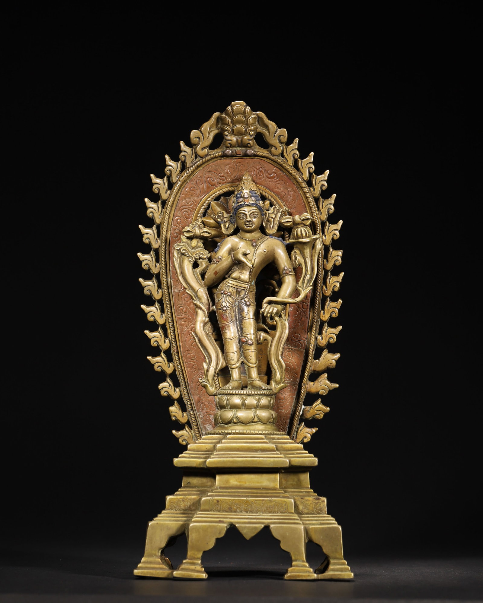 12th-13th Century, Nepal Malla Dynasty Style, Copper Inlaid Multi-Gem Standing Avalokiteshvara (1 of 9)