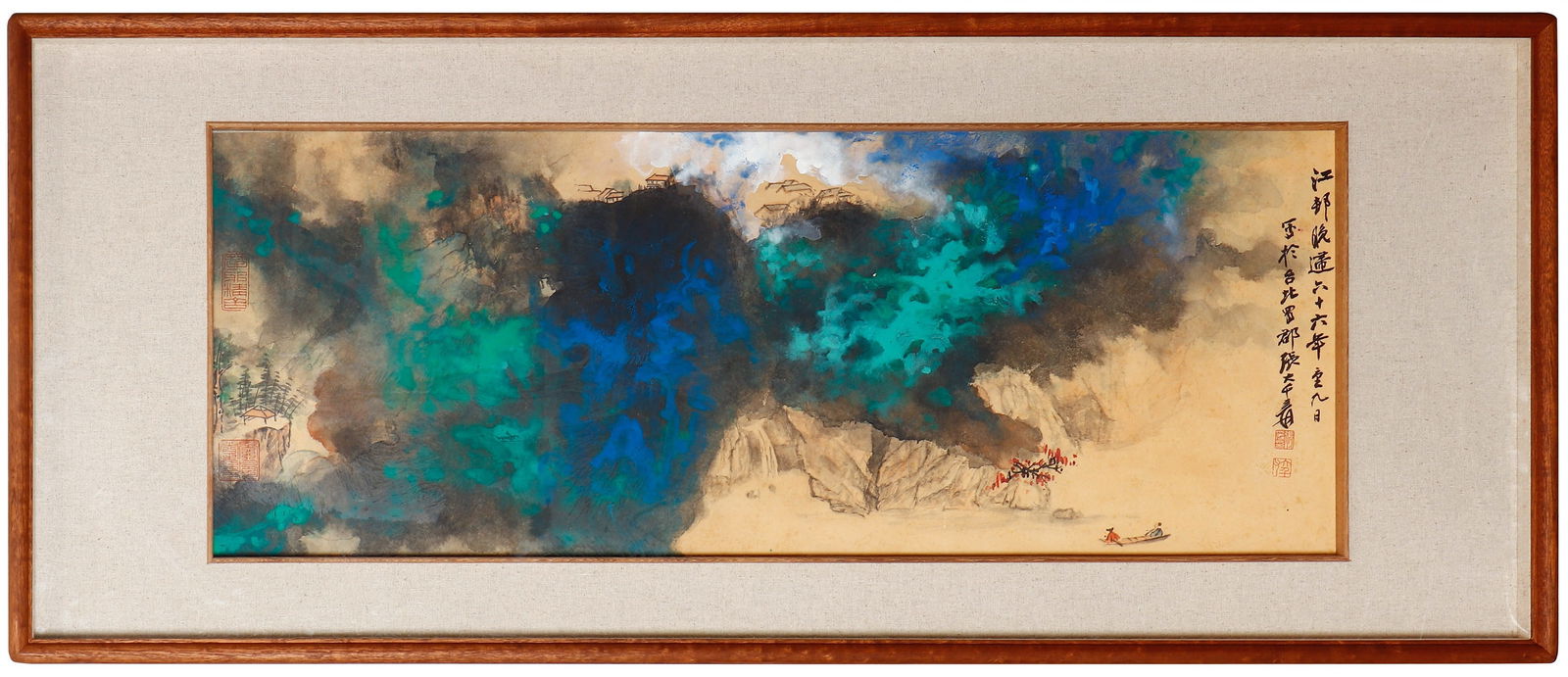 Zhang Daqian, Returning to the Riverside Village at Dusk (Splashed Color Landscape), Framed: Picture Core Size (PCS): 91.0×34.0cm (35.83×13.39in); Picture Core Size (PCS): 122.0×51.0cm (48.03×20.08in)Painted in 1977 by Zhang Daqian, this masterpiece of his late splashed color landscape me