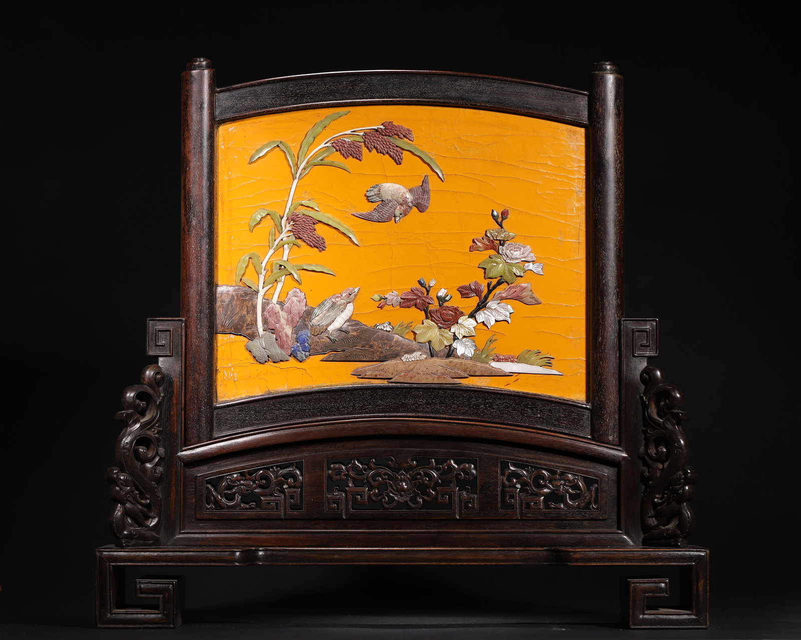 A Zitanwood Table Screen with Hundred Treasures Inlay "Flower and Bird", Qianlong Period, Qing (1 of 13)