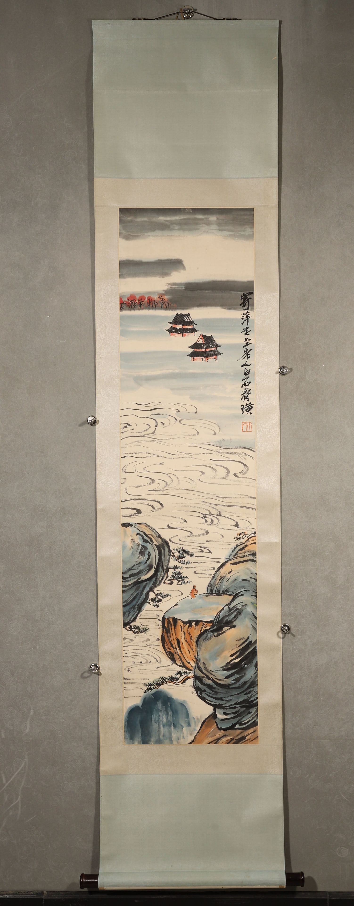 Modern & Contemporary · Qi Baishi "Immortal Abode in Cloud Sea" Landscape Hanging Scroll: Paper, Painting Size:135x34cm (135.0x34.0cm=53.15"x13.39")A landscape masterpiece by modern Chinese painting master Qi Baishi, this work depicts an immortal abode in the clouds with simple, naive