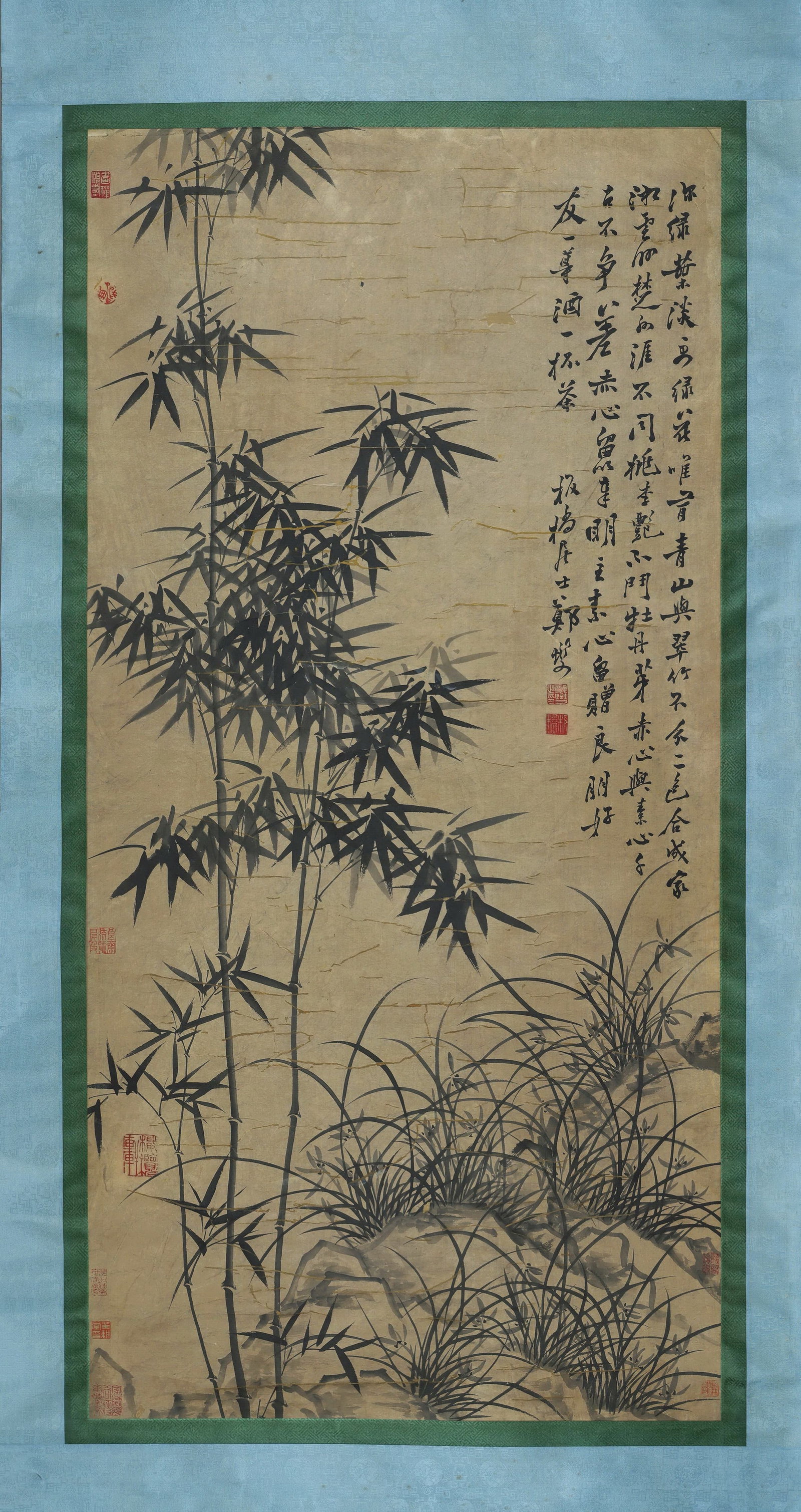 Qing Dynasty (Qianlong Period), Zheng Banqiao, Green Mountains and Bamboo, Hanging Scroll on Paper: Picture Core Size (PCS): 136.0×68.0cm (53.54×26.77in)Painted by Zheng Banqiao of the Qianlong era, this work features bold ink bamboo with expressive brushwork, authenticated by his unique "six-and-