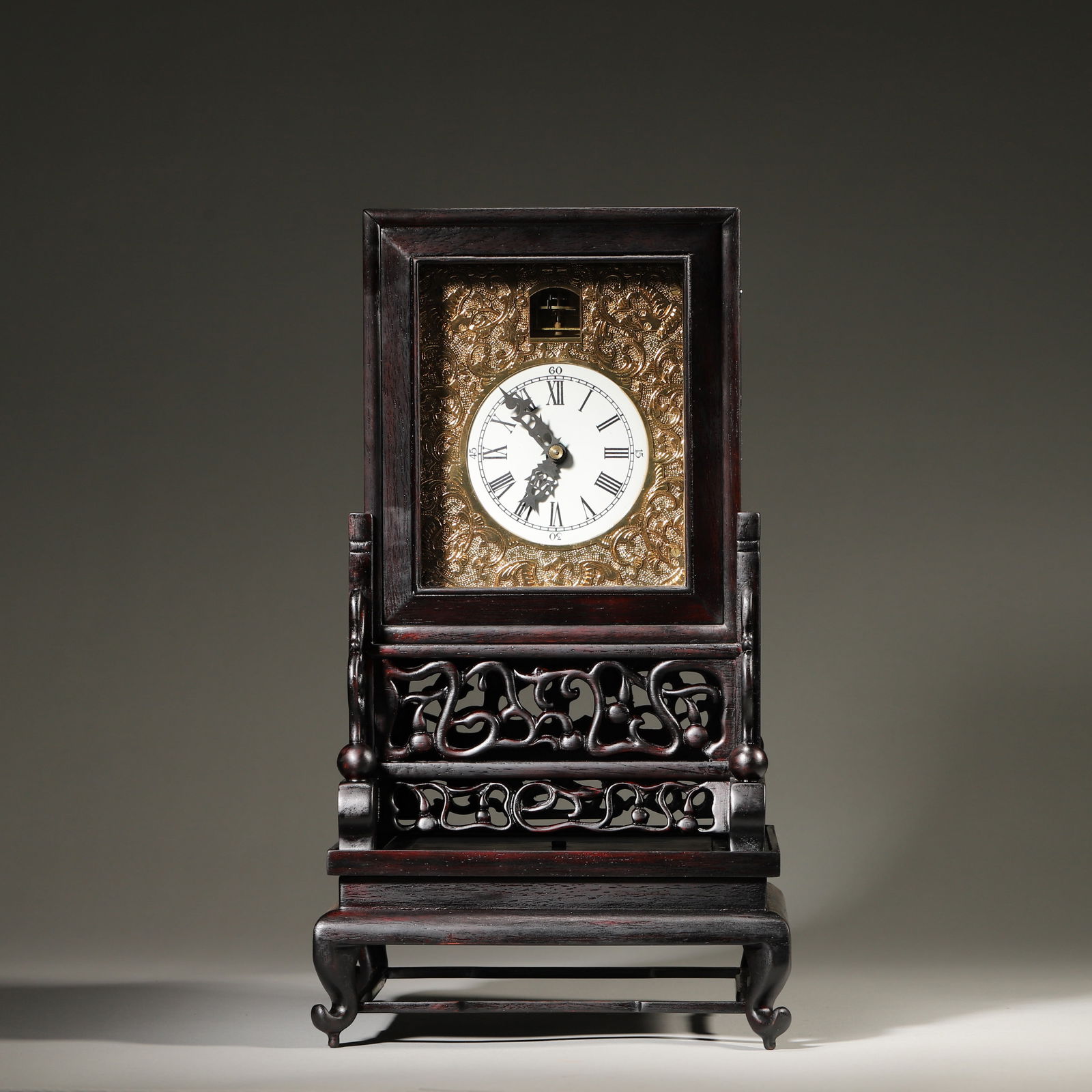 Mid-Qing Dynasty, Zitan Wood Inlaid Gilt Bronze Cloud-Dragon Pattern Canton Clock: Paper Mount, Painting Core 98x34cm ( 38.58x13.39in )This lot is "Twelve-Leaf Album of Yuan-style Poems" by Qi Gong, a twelve-leaf calligraphy album on paper, featuring his original poems and lyrics, s