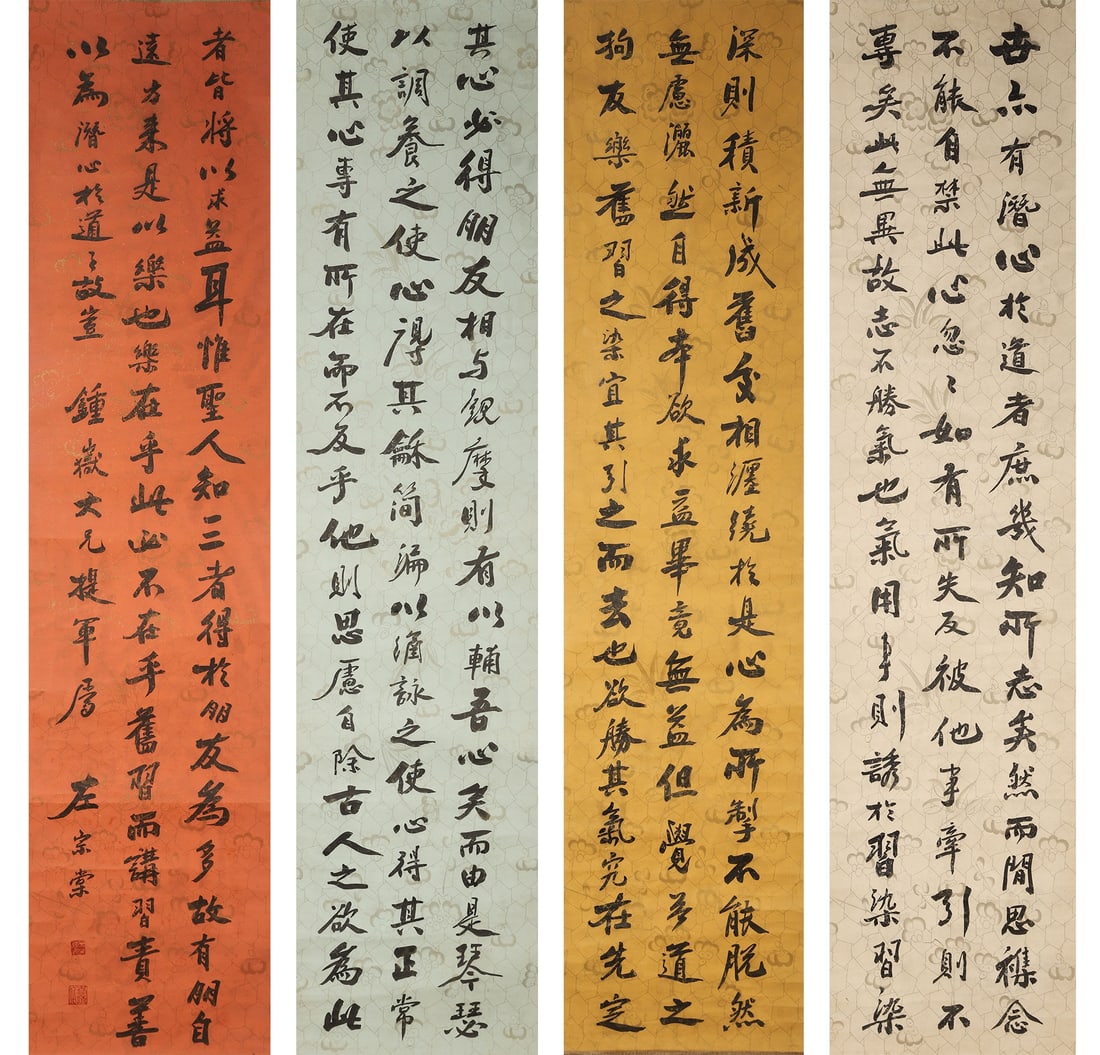Qing Dynasty · Zuo Zongtang "On Friendship and Self-Cultivation" Four-Scroll Calligraphy: Paper, Painting Size:177x43cm (177.0x43.0cm=69.69"x16.93")A masterpiece in running script by late Qing statesman Zuo Zongtang, this four-scroll work features texts on self-cultivation and friendship.
