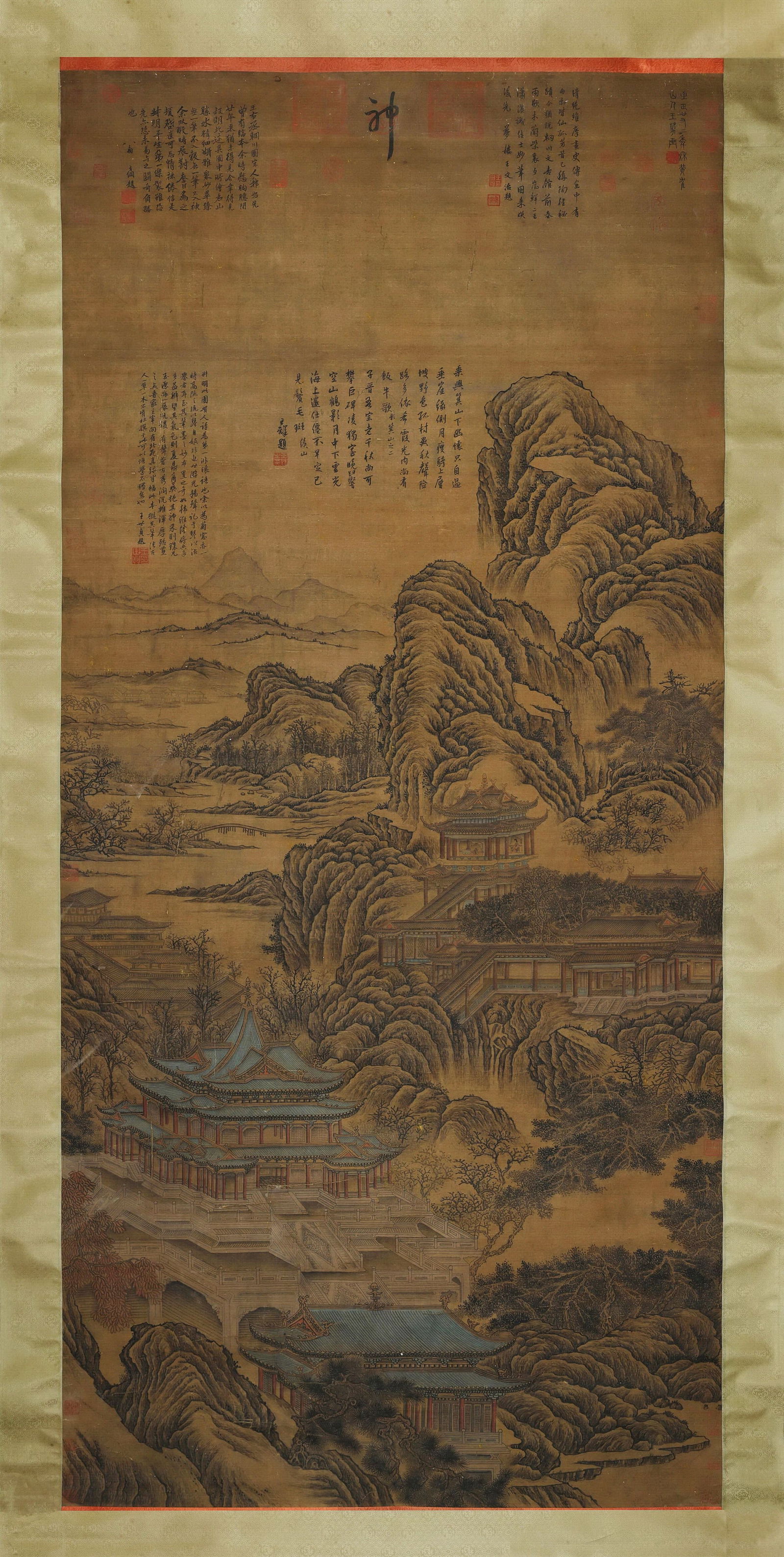 Yuan Dynasty ,Wang Meng, Autumn Mountains and Pavilions, Hanging Scroll on Silk (1 of 8)