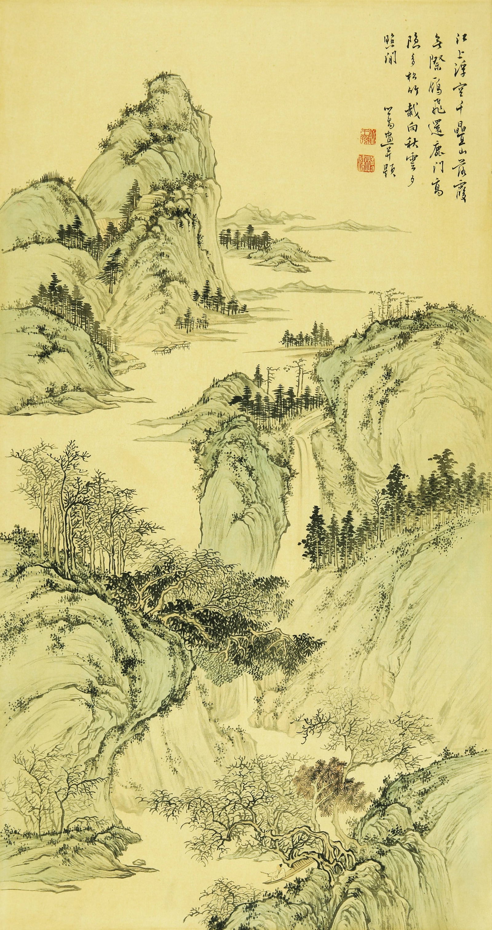 Pu Ru (1896-1963), attributed to, Boating on a Stream: Dimensions: Height: 93 cm (36.61 in.) x Width: 49 cm (19.29 in.). All measurements are approximate.