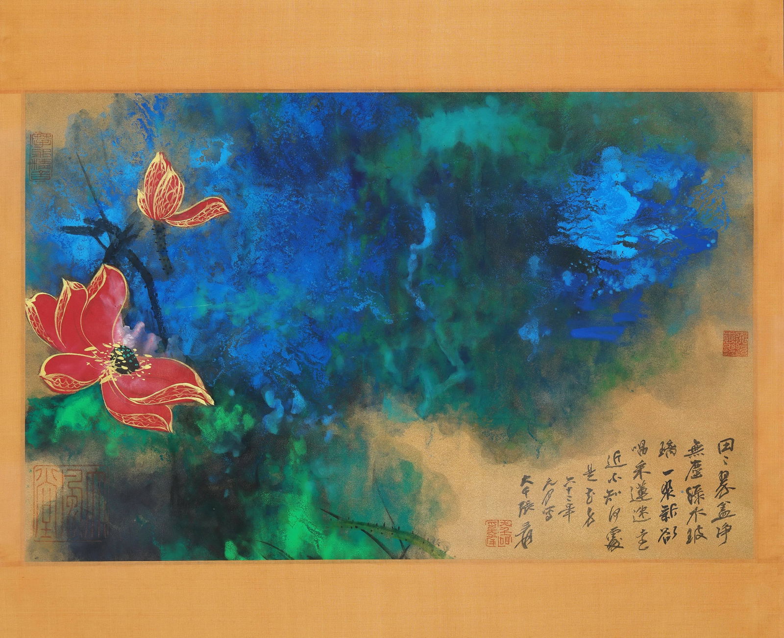 1971, Zhang Daqian, Splashed Color and Gold-Lined Red Lotus, Hanging Scroll on Paper: Picture Core Size (PCS): 45.0×70.0cm (17.72×27.56in)Painted by Zhang Daqian in 1971, this work features splashed color background and gold-lined red lotus, with vibrant and elegant tones, representi