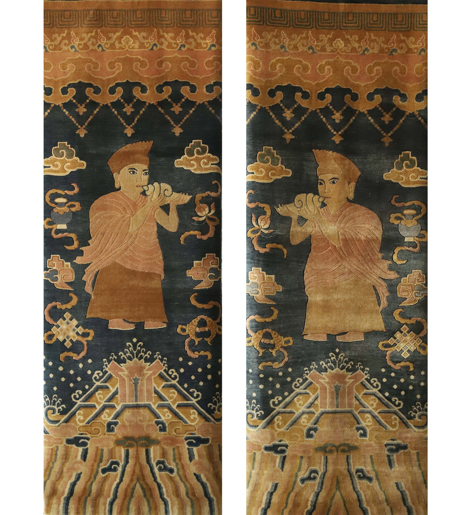 PAIR OF HAND-KNOTTED TAPESTRIES WITH CONCH-HOLDING MONKS MOTIF: Dimensions: Length: 90 cm (35.4 in.), Width: 248 cm (97.6 in.). Approx. Area: 0.9 x 2.48 FT (3 x 8.15 M). Weight: 15 kg. All measurements are approximate.