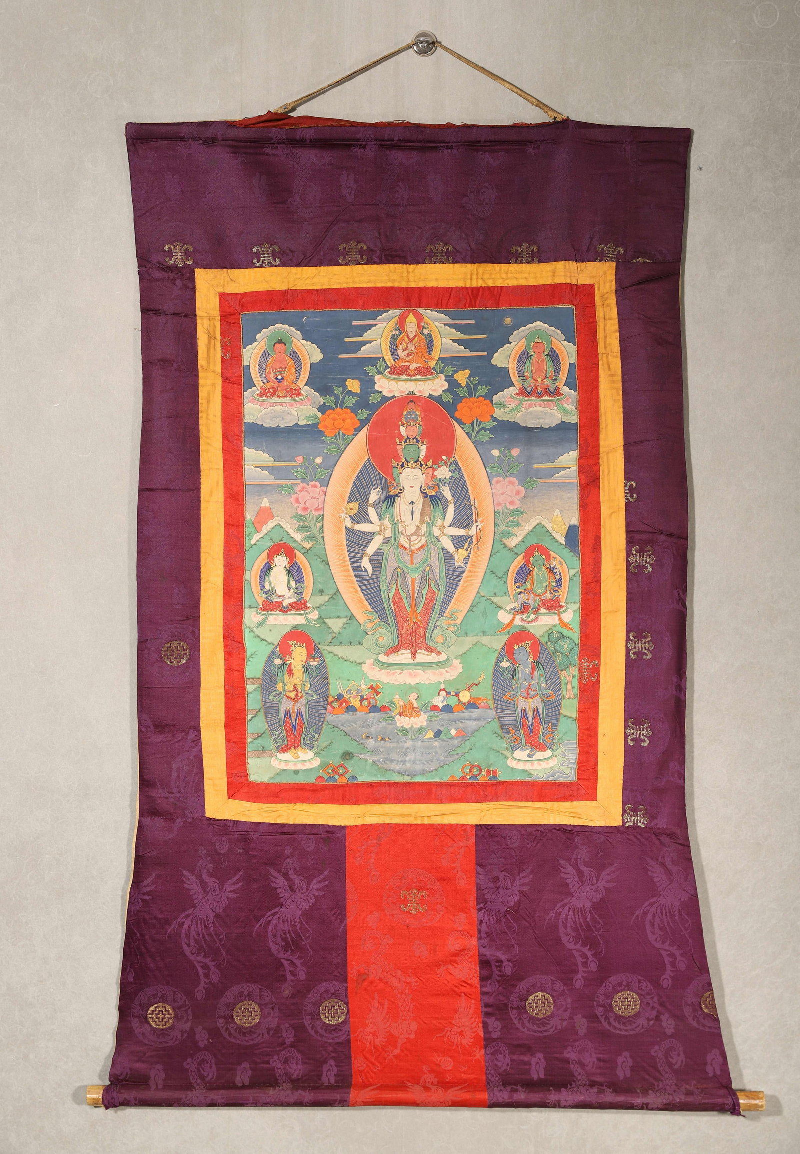 Qing Dynasty, Qianlong Period, Court-Mounted Thangka of Eleven-Faced, Eight-Armed Avalokiteshvara (1 of 10)