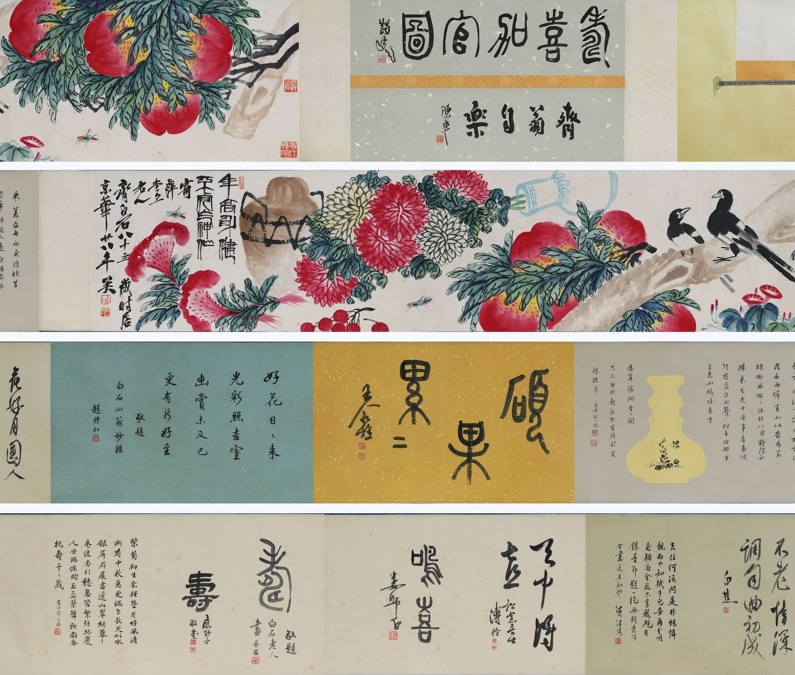 Mid-20th Century, Qi Baishi, Longevity, Joy and Promotion, Handscroll on Paper: Total Length (TL): 8.5m (850.0cm) (27.89ft); Picture Core Size (PCS): 247.0×41.0cm (97.24×16.14in)Painted by Qi Baishi in the mid-20th century, this handscroll features bold freehand peaches and