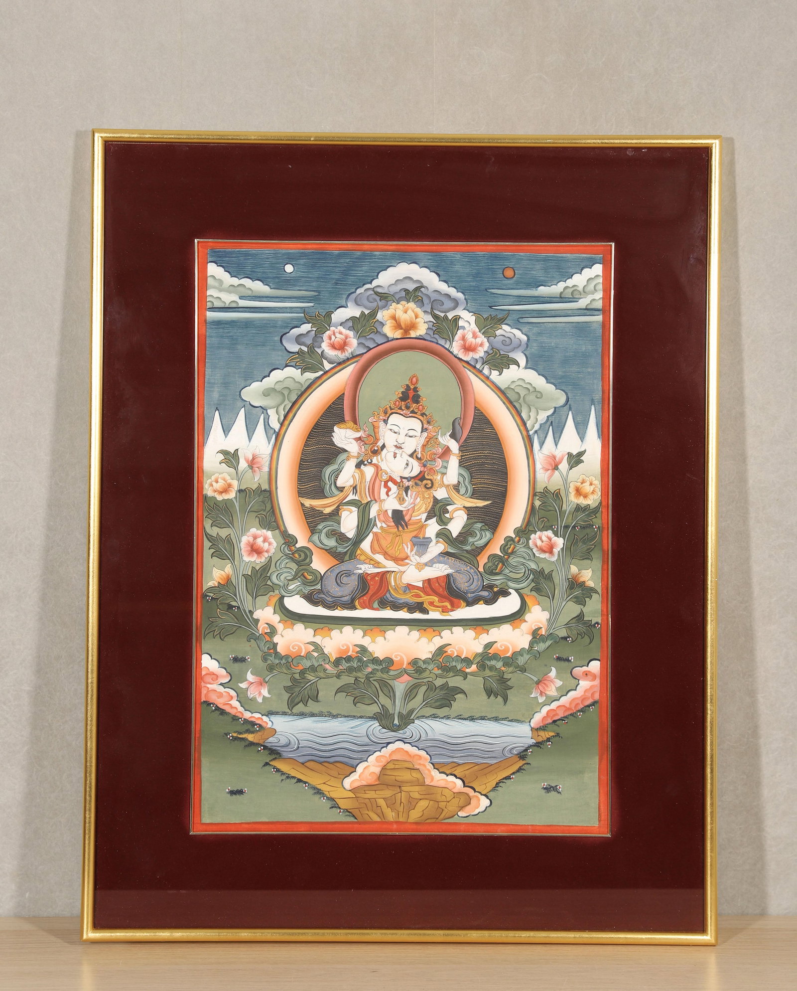 Late Qing Dynasty, Mineral Pigment Thangka of Samantabhadra in Yab-Yum: Length (L): 72.0cm (28.35in); Width (W): 56.0cm (22.05in)This late Qing Dynasty thangka depicts Samantabhadra in Yab-Yum with natural mineral pigments, featuring exquisite craftsmanship and rich