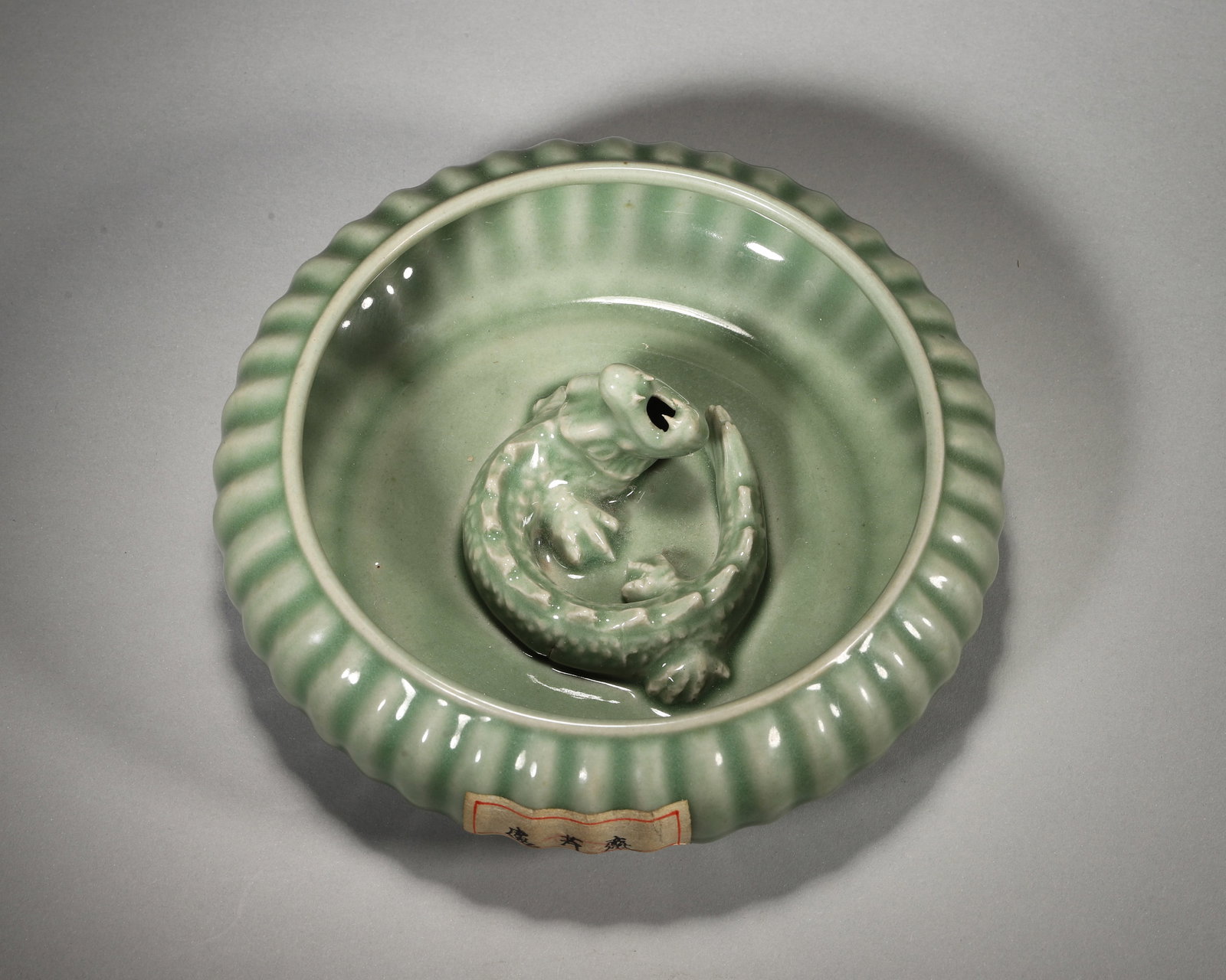 SOUTHERN SONG LONGQUAN CELADON BRUSH WASHER WITH COILED CHILONG AND CHRYSANTHEMUM LOBES, EX C.T. LOO (1 of 7)
