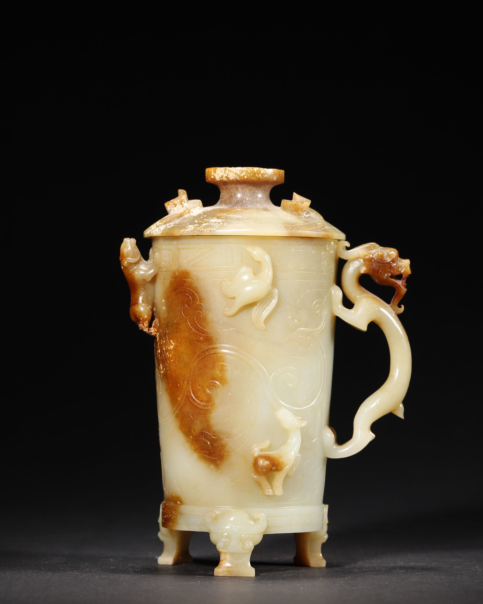 HAN DYNASTY, WHITE HETIAN JADE HIGH-FOOTED CUP WITH RETAINED SKIN AND CHI-DRAGON CARVINGS (1 of 9)