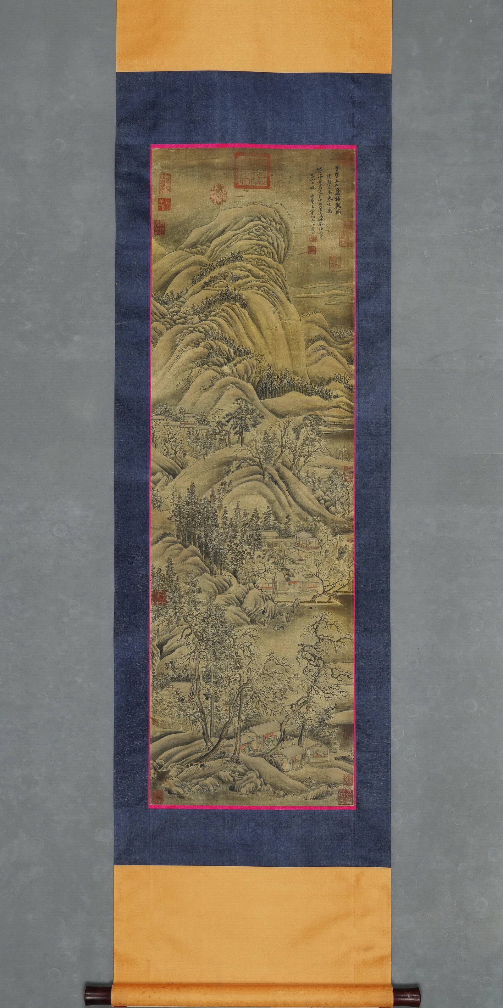 QING DYNASTY: WANG HUI - 'PAVILIONS AMONG IMMORTAL ROCKS' - HANGING SCROLL, SILK: Heart Size: 48.43" x 15.75" inches (123 cm x 40 cm)Qing Dynasty, Wang Hui, Viewing Pavilions at Immortal Rock, ink and color on silk, hanging scroll. Painted in 1715 (aged 84), after Li Cheng. Former