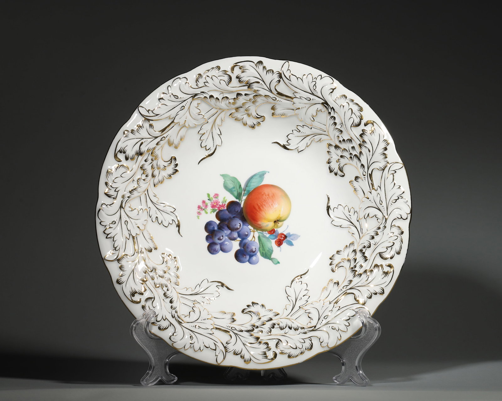 German Meissen Gilt Relief Hand-Painted Floral Plate: Diameter 30.5cm, Height 5.5cm, Weight 1072g (Diameter 12.01", Height 2.17", Weight 2.36lb)Baroque-style hand-painting, with three-dimensional gilt leaf reliefs around the rim and hand-painted fruit