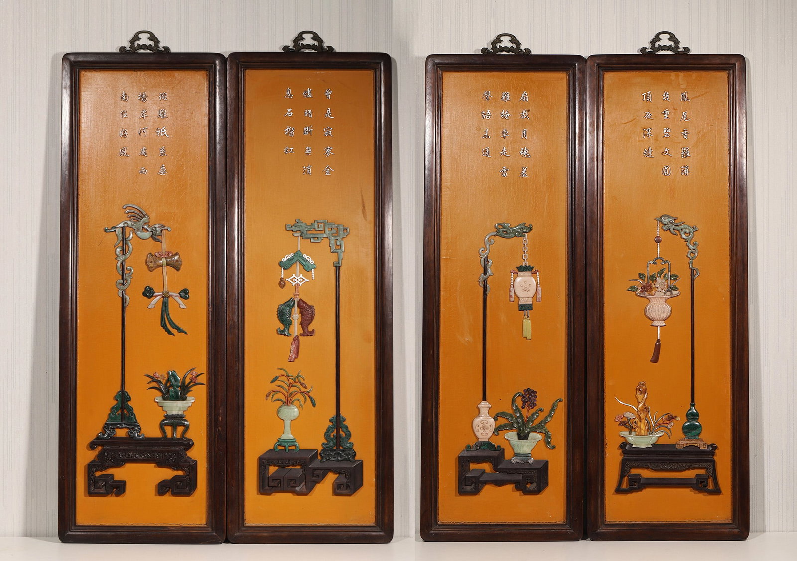 A SET OF FOUR ZITAN WOOD AND LACQUER WALL SCREENS INLAID WITH GEMSTONES AND POEMS, QIANLONG PERIOD, (1 of 15)