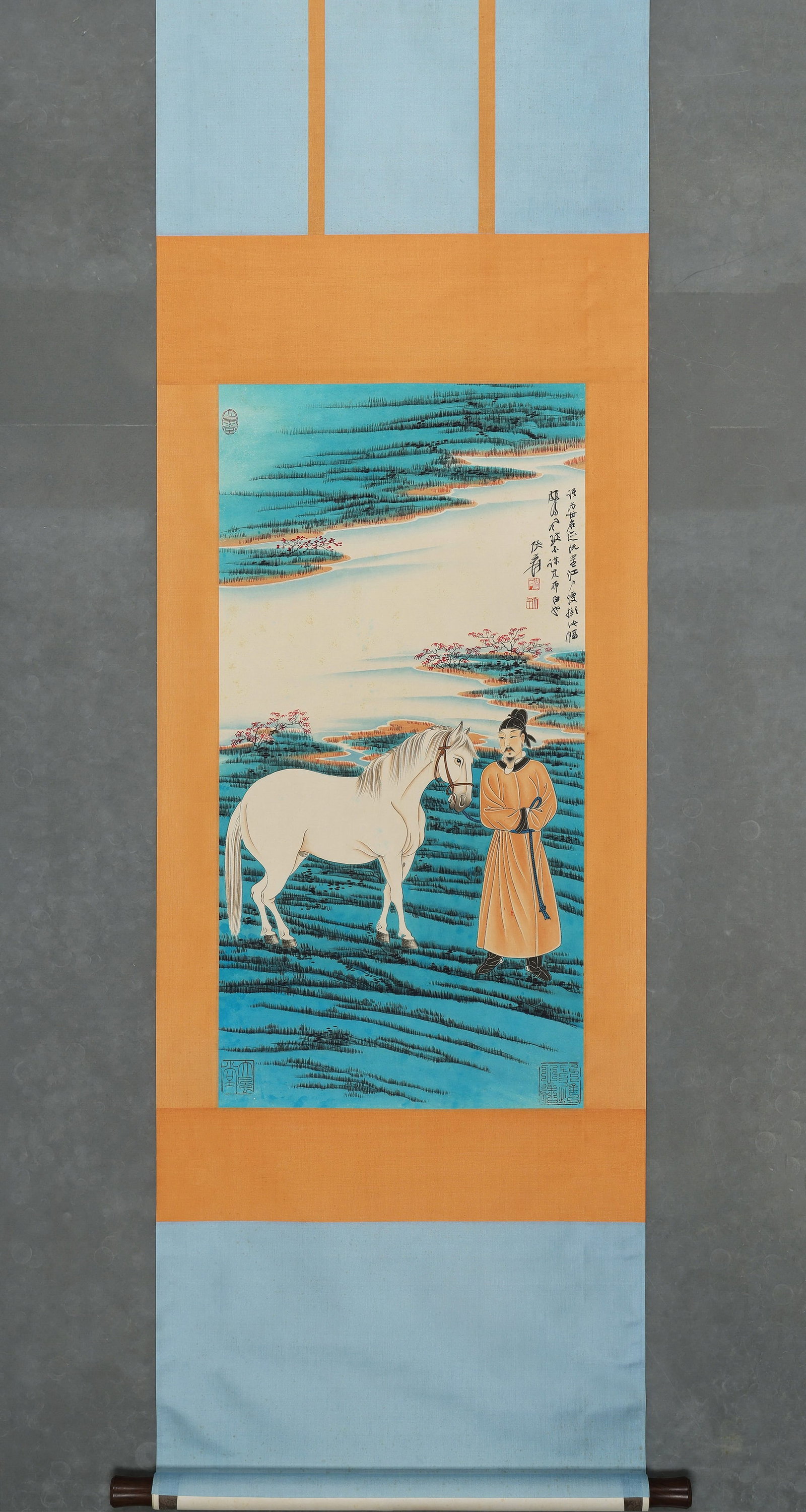 MODERN PERIOD: ZHANG DAQIAN - 'HORSES GRAZING IN SPRING PASTURE' - HANGING SCROLL, PAPER: Heart Size: 33.46" x 17.72" inches (85 cm x 45 cm)Zhang Daqian, Herding a Horse in the Spring Suburbs, ink and color on paper, hanging scroll. Depicting a Tang-dressed figure leading a white horse in