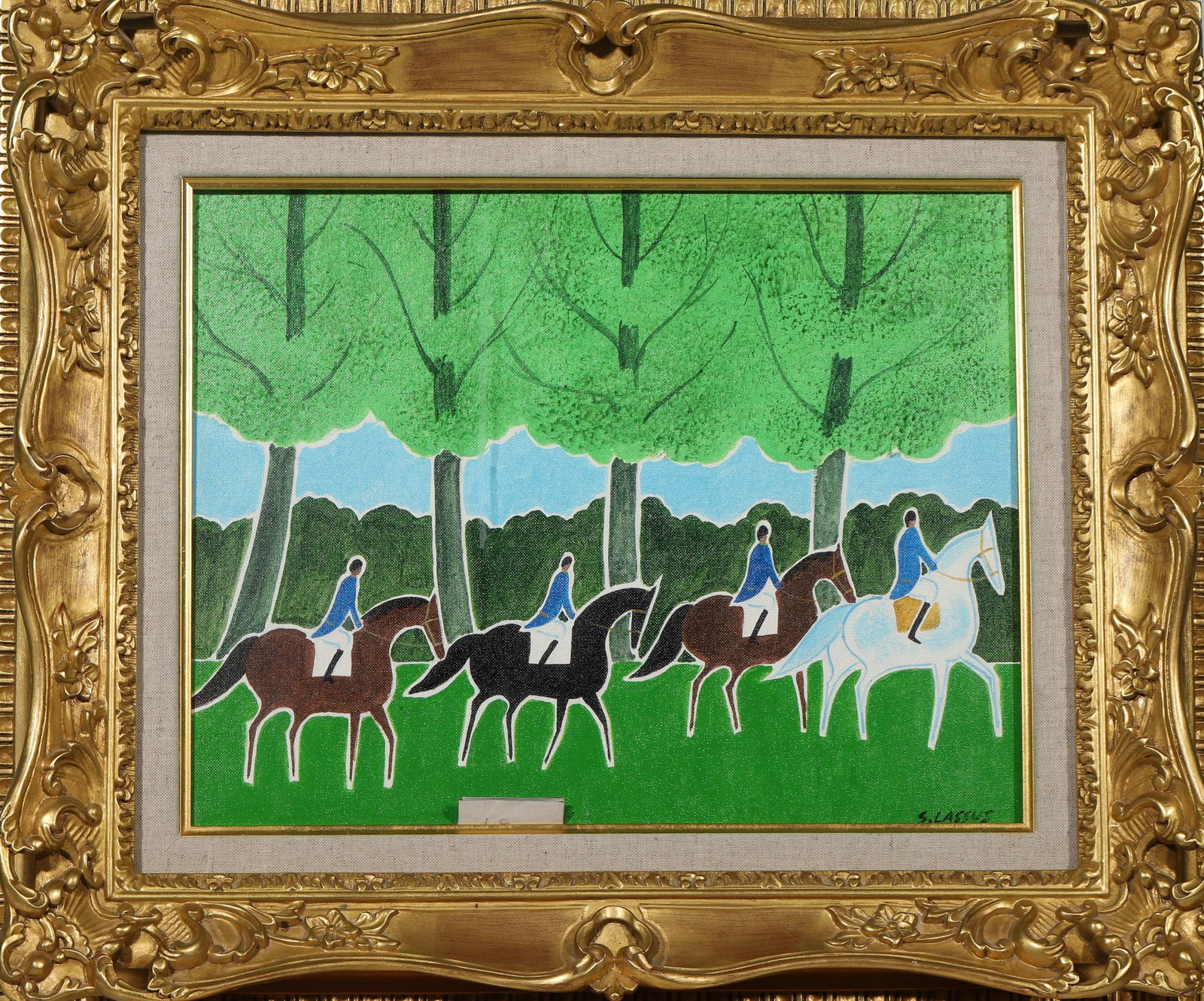 Sébastien Lassus (b. c.1930),French,Oil on canvas,Attributed to: Frame 58.5x49.5cm, Sight Size 39x30.5cm (Frame 23.03"x19.49", Sight Size 15.35"x12.01")Sébastien Lassus (b. c.1930) is a French modern painter celebrated for his elegant, flat-color equestrian
