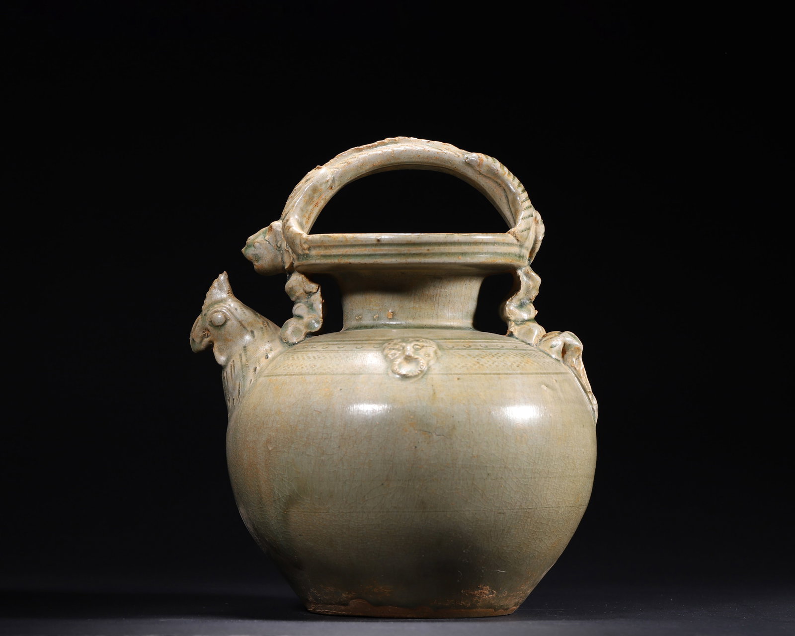 EASTERN JIN DYNASTY YUE WARE CELADON GLAZED EWER WITH CHICKEN HEAD SPOUT AND DRAGON HANDLE (1 of 8)