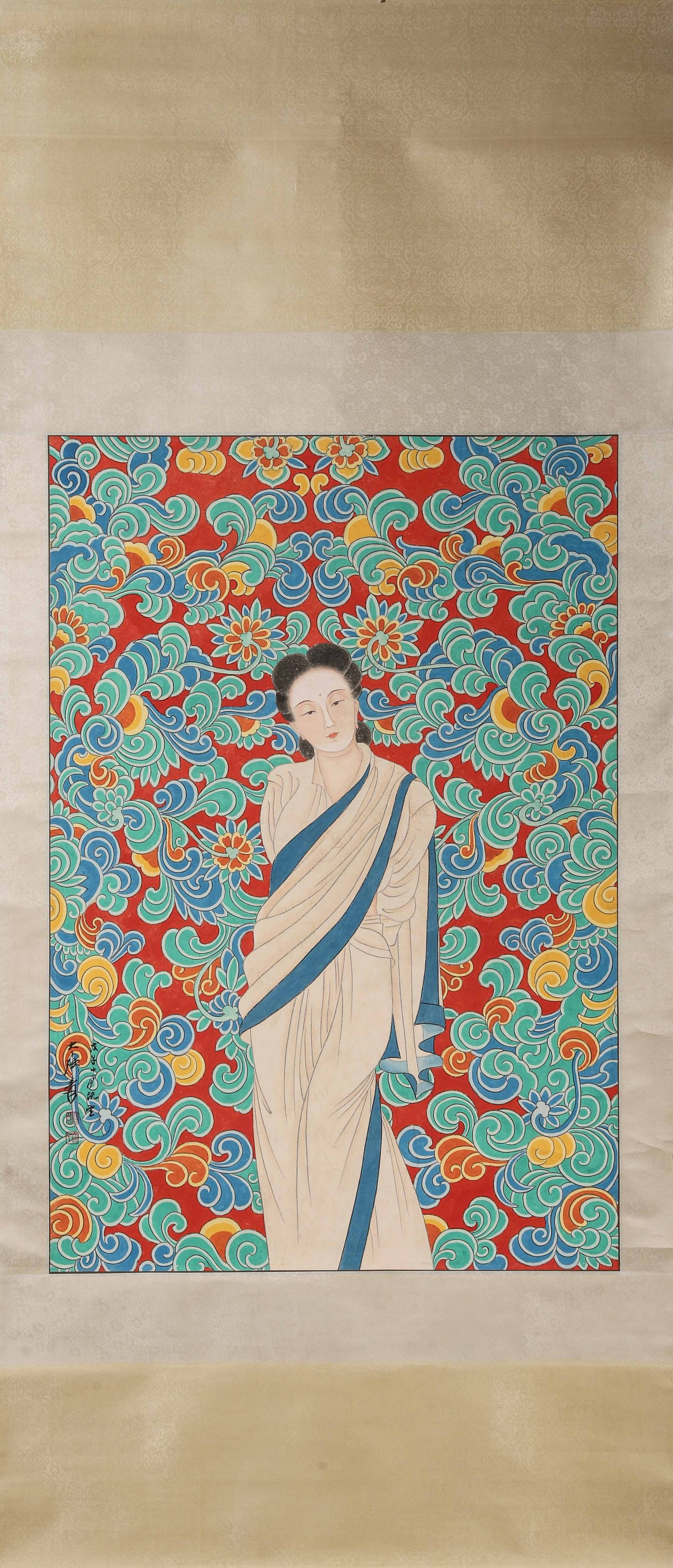 ZHANG DAQIAN, PORTRAIT OF A FOREIGN LADY WORSHIPING BUDDHA, 1936: Paper Texture, 37.8 inches x 25.59 inches (96.0 cm x 65.0 cm)Painted in rich polychrome, this work features a standing foreign lady against a red background of interlocking branches, echoing Tang Dyna