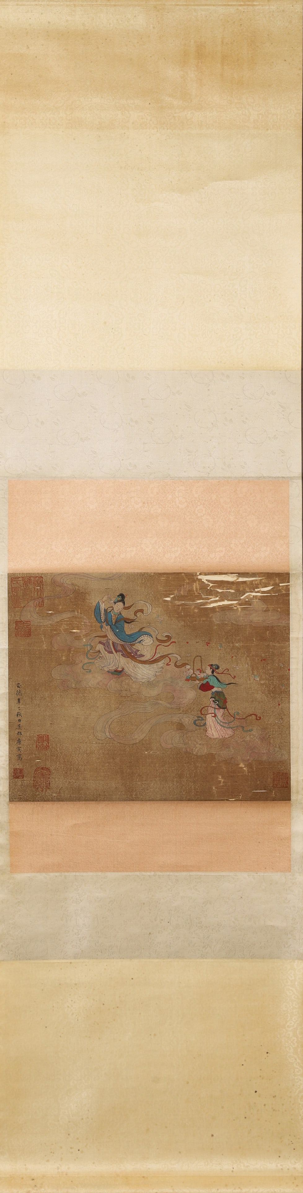 MING DYNASTY, 1507: TANG YIN, "GODDESS SCATTERING FLOWERS" HANGING SCROLL: Silk Texture, 12.2 inches x 14.96 inches (31.0 cm x 38.0 cm)A fine gongbi masterpiece by Tang Yin, painted in 1507, depicting celestial figures with delicate lines and vivid colors, embodying religiou