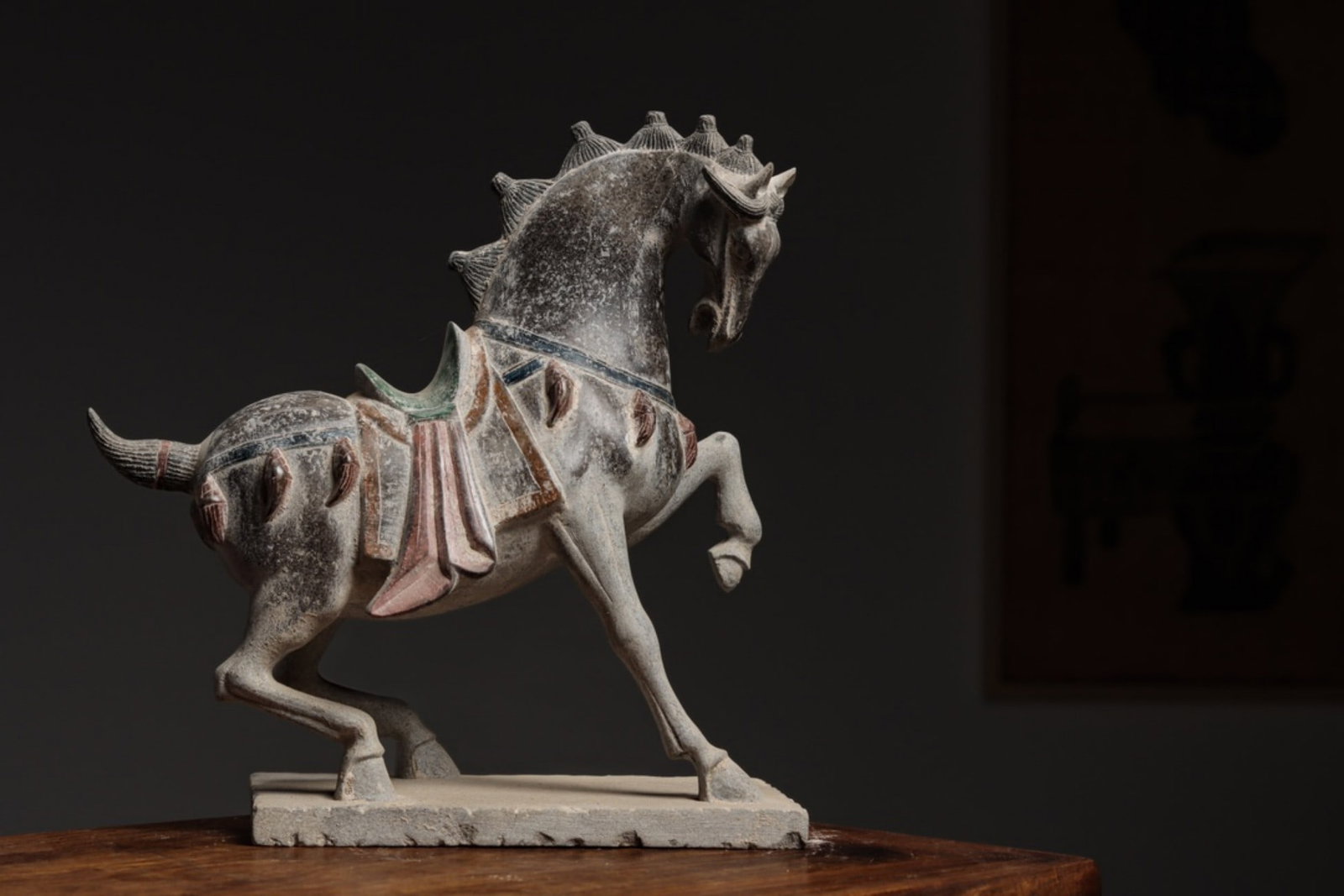 PAINTED BLUESTONE FIGURE OF A DANCING HORSE, TANG DYNASTY (1 of 10)