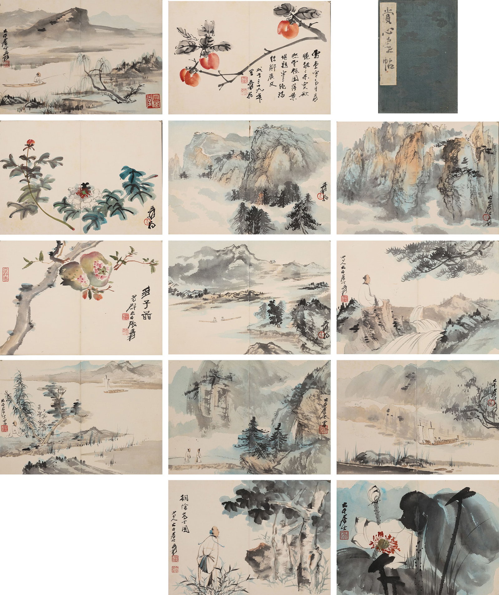 "PLEASURE PAINTING ALBUM" ALBUM OF LANDSCAPE, FLOWER-AND-BIRD AND FIGURE PAINTINGS (13 LEAVES) BY: Paper Texture, Painting Core: 11.81" x 8.27" (30.0cm x 21.0cm)A prime album by Zhang Daqian, this work integrates landscape, flower-and-bird, and figure painting with unrestrained brushwork and bright