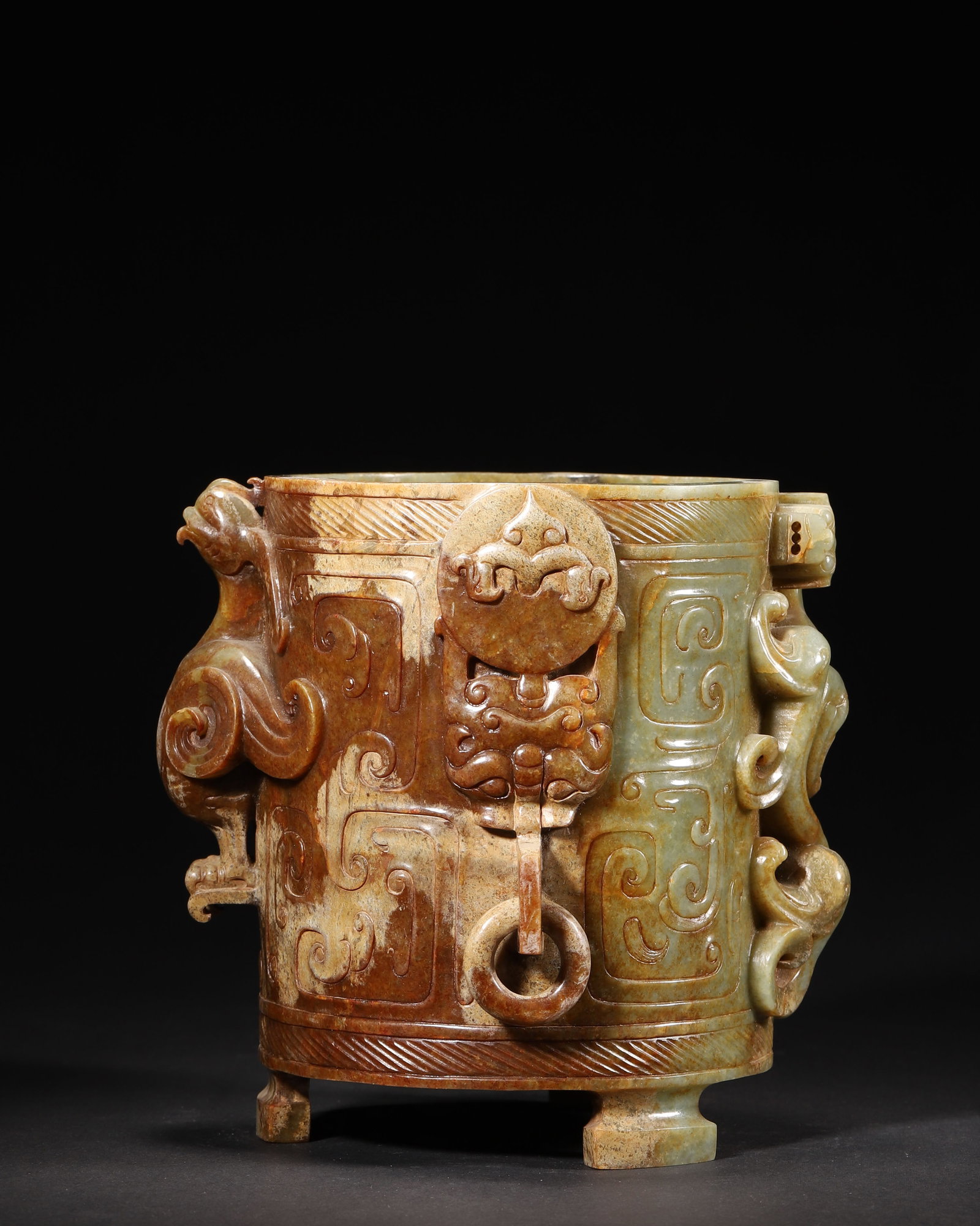 WARRING STATES TO HAN DYNASTY, GREEN HETIAN JADE CUP WITH PATINA, CHI-DRAGON AND RING CARVINGS (1 of 7)