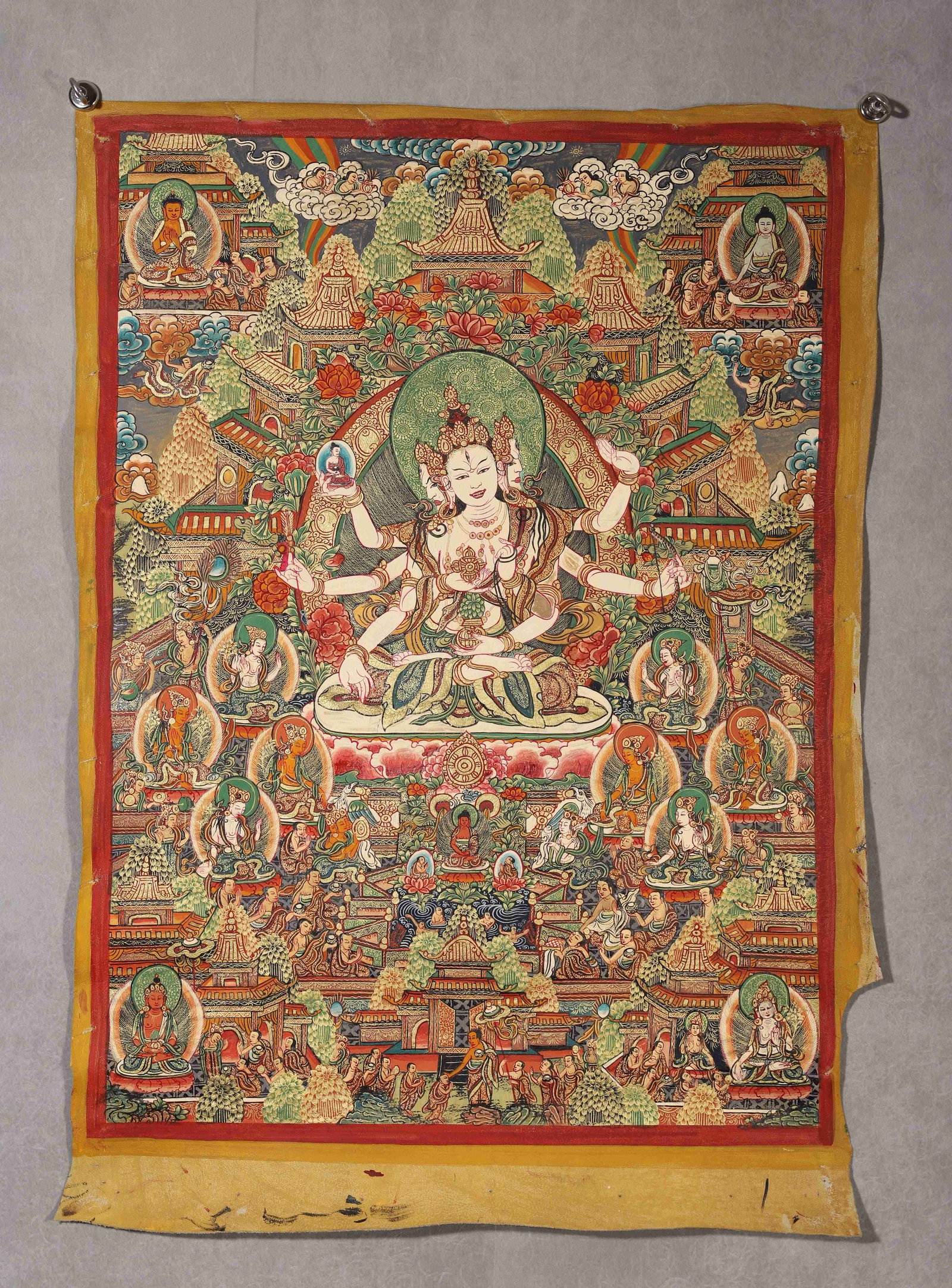 QING DYNASTY, A RARE TIBETAN HIDE THANGKA OF USCHNISHA VJAYA MANDALA (1 of 10)