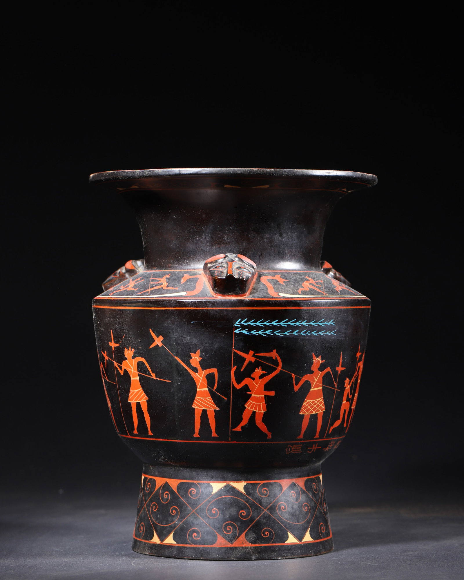 A WARRING STATES PERIOD (MID-4TH TO 3RD CENTURY BC) BLACK LACQUER ZUN WITH RED PAINTED HUNTING SCENE (1 of 7)