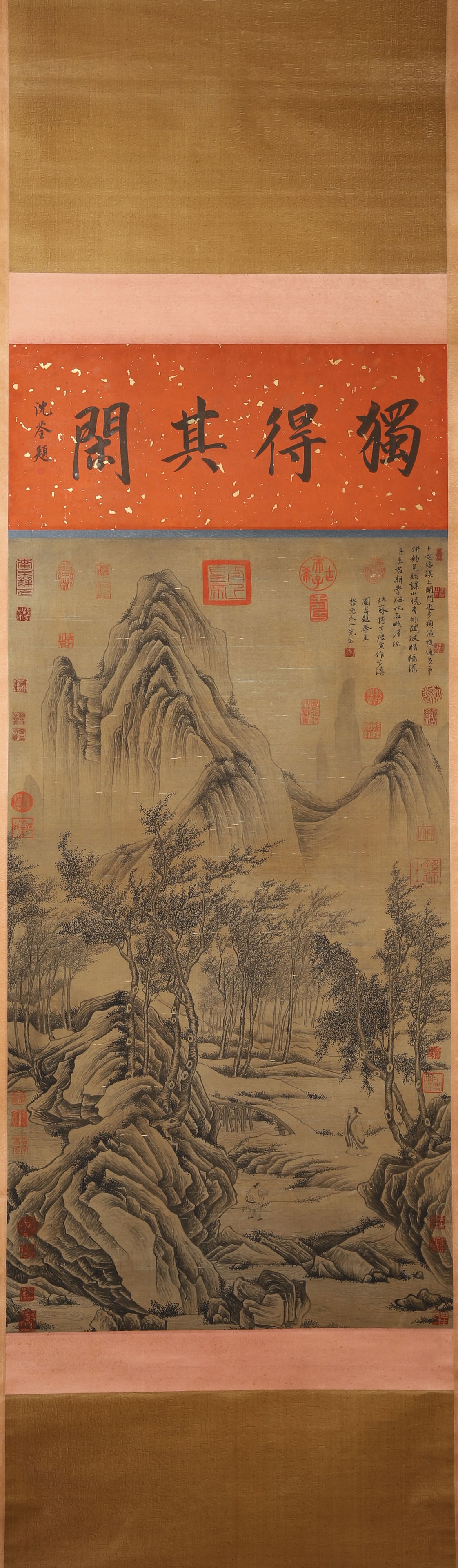 MING DYNASTY: TANG YIN, "WALKING BY THE STREAM" HANGING SCROLL (WITH SHEN QUAN'S INSCRIPTION): Silk Texture, 45.67 inches x 25.59 inches (116.0 cm x 65.0 cm)A fine landscape masterpiece by Tang Yin, depicting a literati walking by a stream, with delicate brushwork and profound artistic concepti