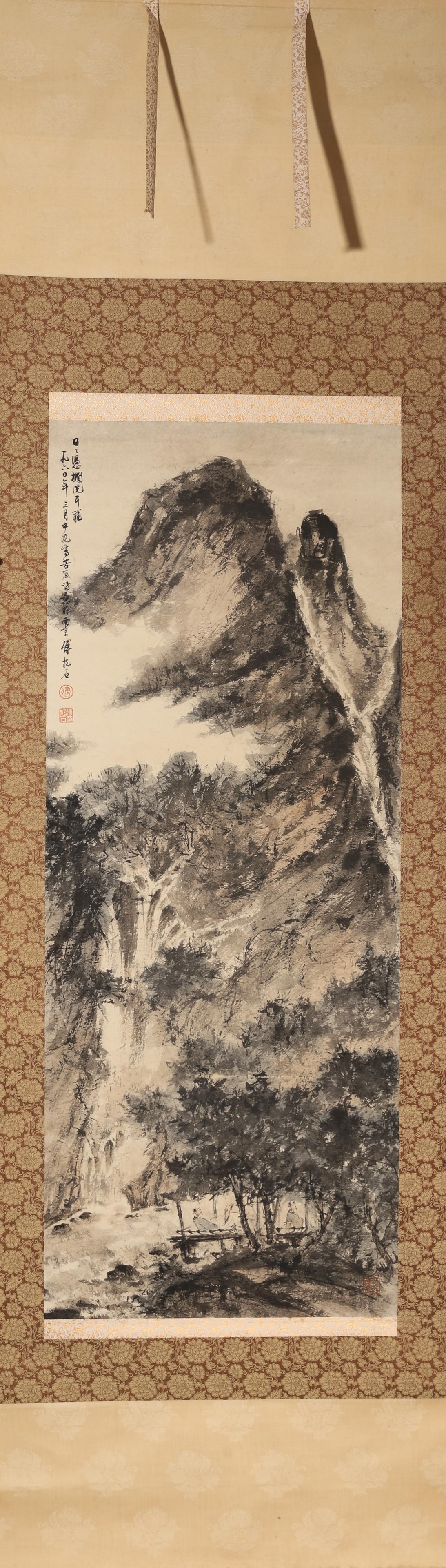 FU BAOSHI, VIEWING THE WATERFALL, 1960, HANGING SCROLL: Paper Texture, 41.34 inches x 16.54 inches (105.0 cm x 42.0 cm)Executed with his iconic "Baoshi Cun” texture strokes, this work depicts a cascading waterfall and figures listening to its sound,