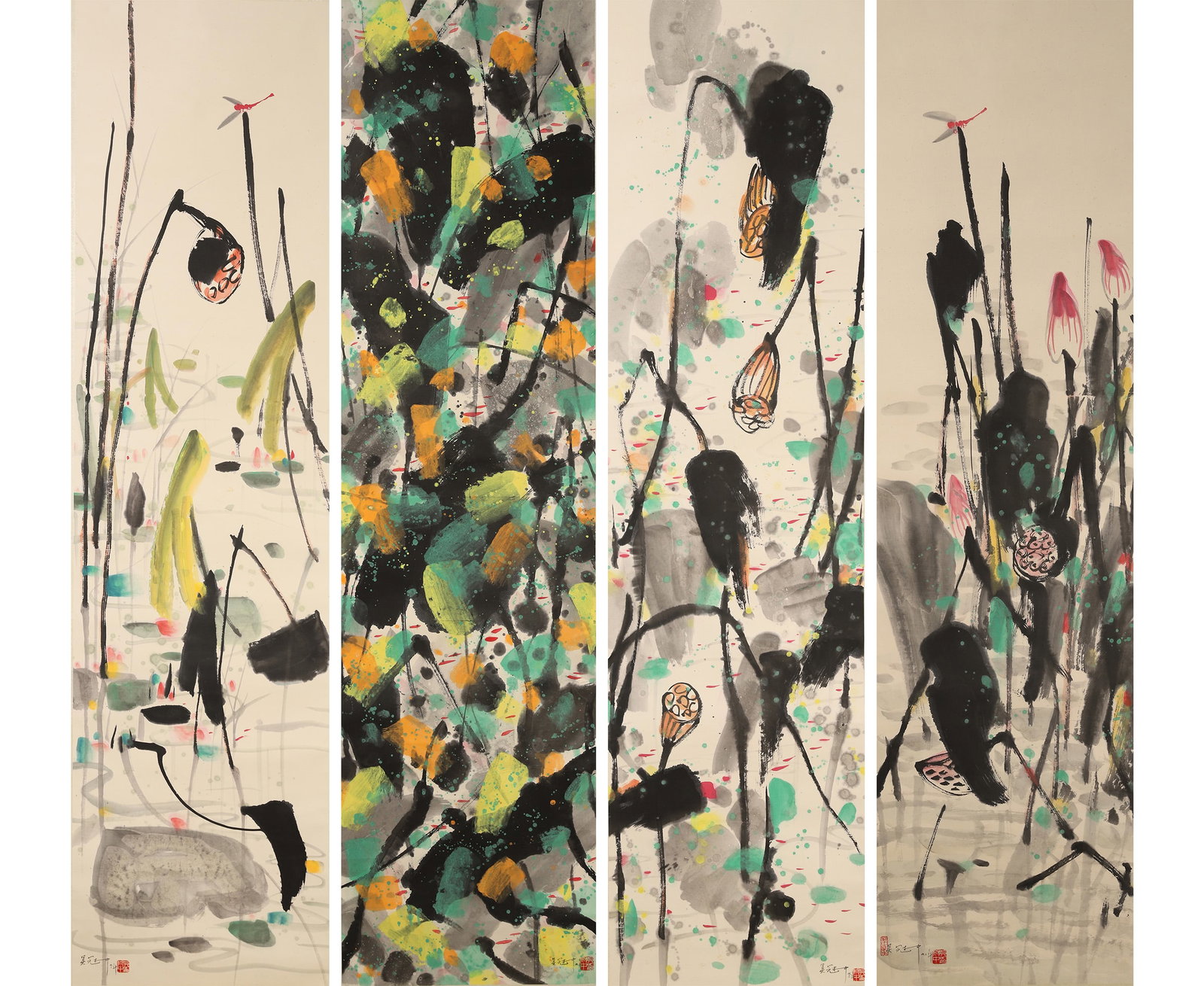 WU GUANZHONG, COLOR INK LOTUS POND, FOUR PANELS, MODERN PERIOD: Paper Texture, 70.08 inches x 18.5 inches (178.0 cm x 47.0 cm)Executed in bold ink and vibrant colors, these panels depict lotus ponds with dragonflies, blending Western color theory with Eastern ink