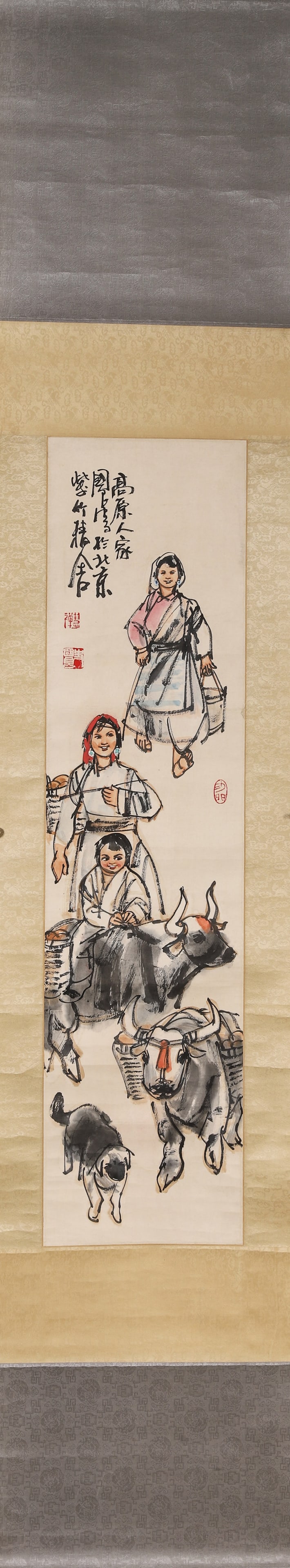 SHI GUOLIANG, FAMILY ON THE PLATEAU, MODERN PERIOD, HANGING SCROLL: Paper Texture, 37.8 inches x 9.45 inches (96.0 cm x 24.0 cm)Executed in bold ink and color, this work vividly depicts Tibetan pastoral life, blending Western figuration with Chinese ink techniques. A