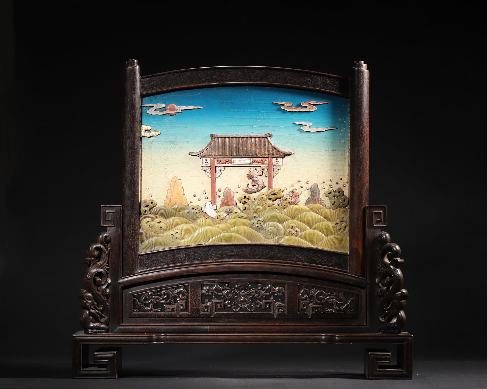 A ZITAN WOOD TABLE SCREEN INLAID WITH GEMSTONES AND SHELL, QIANLONG PERIOD, QING DYNASTY (1 of 11)