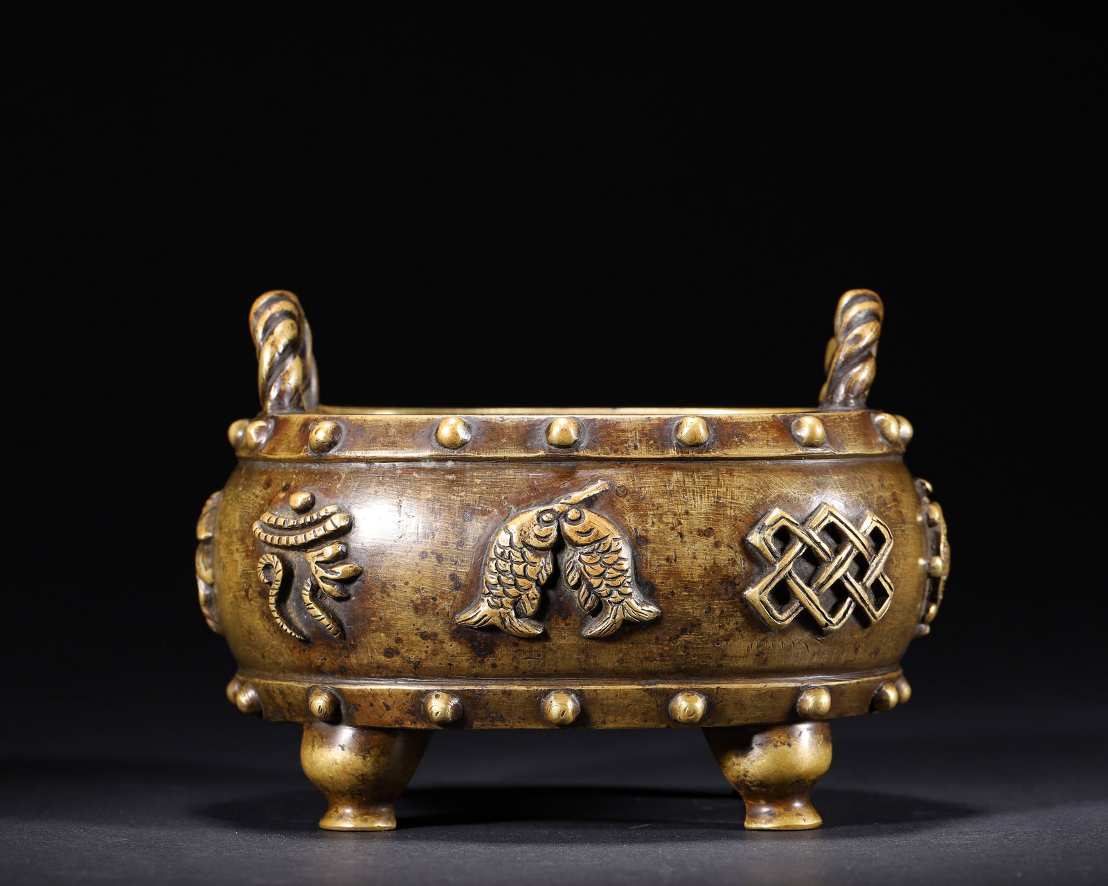 MID-QING DYNASTY: A BRONZE DRUM-FORM CENSER WITH ROPE-FORM HANDLES, "AN BA XIAN" MOTIFS (1 of 9)